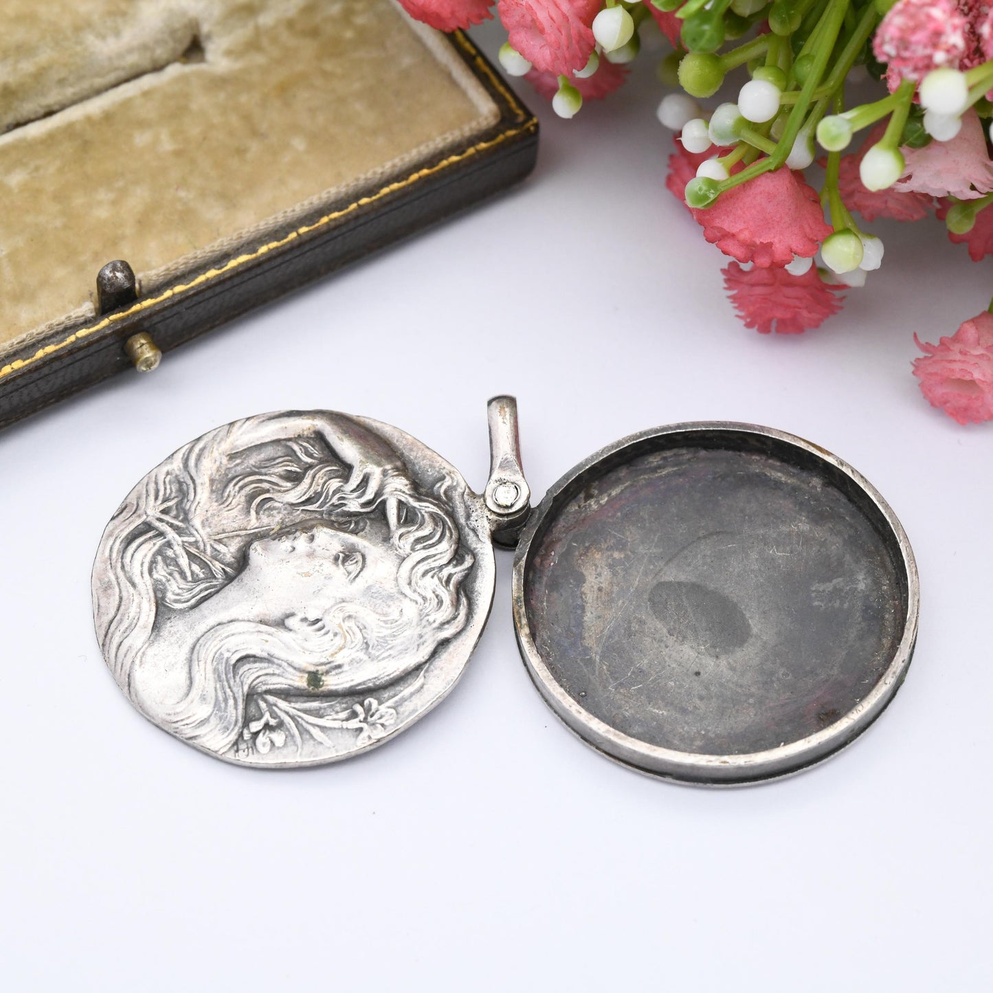 Antique Art Nouveau Locket with Repoussé Flower Girl - Large Circle Pendant Slide Open Compartment for Photo Keepsake | French Silver Plated