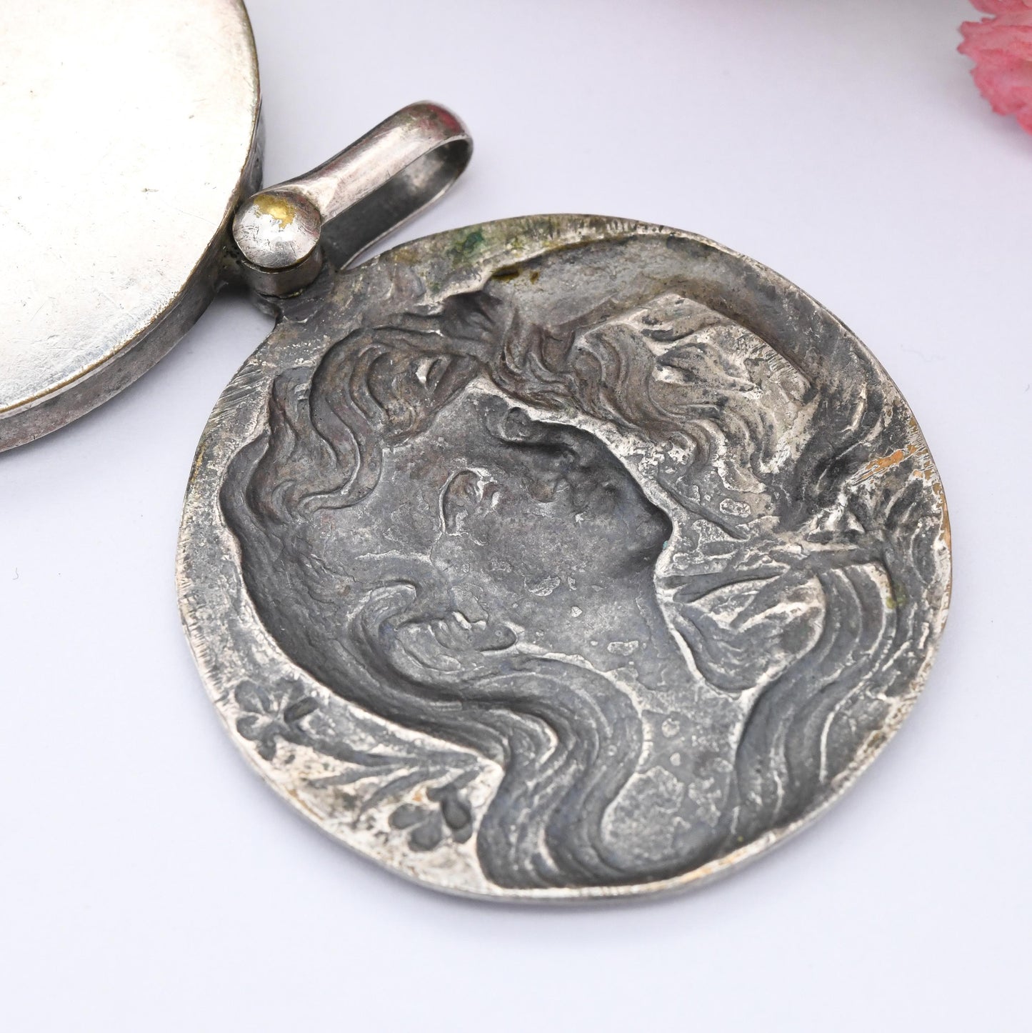 Antique Art Nouveau Locket with Repoussé Flower Girl - Large Circle Pendant Slide Open Compartment for Photo Keepsake | French Silver Plated