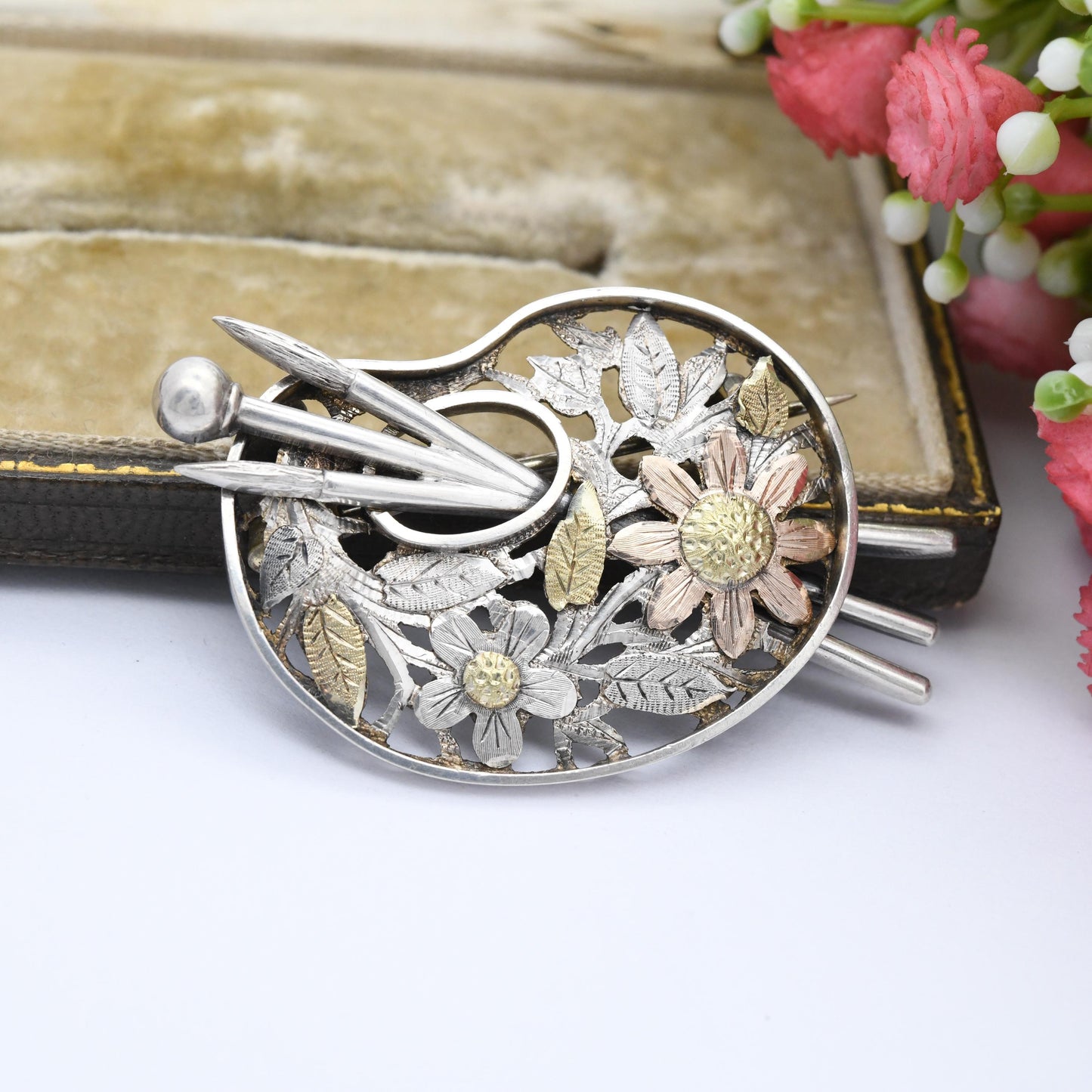 Antique Sterling Silver and Gold Paint Palette Brooch with Engraved Flower Design - Yellow Gold Rose Gold | Unusual Gift for Artist Painter