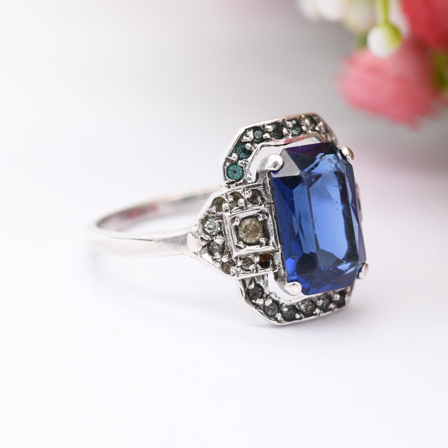 Antique Art Deco Silver Blue Paste Ring by Ciro SCP - Statement Cocktail Ring Sparkly Halo Gift for Her | Large UK Size - S | US Size - 9