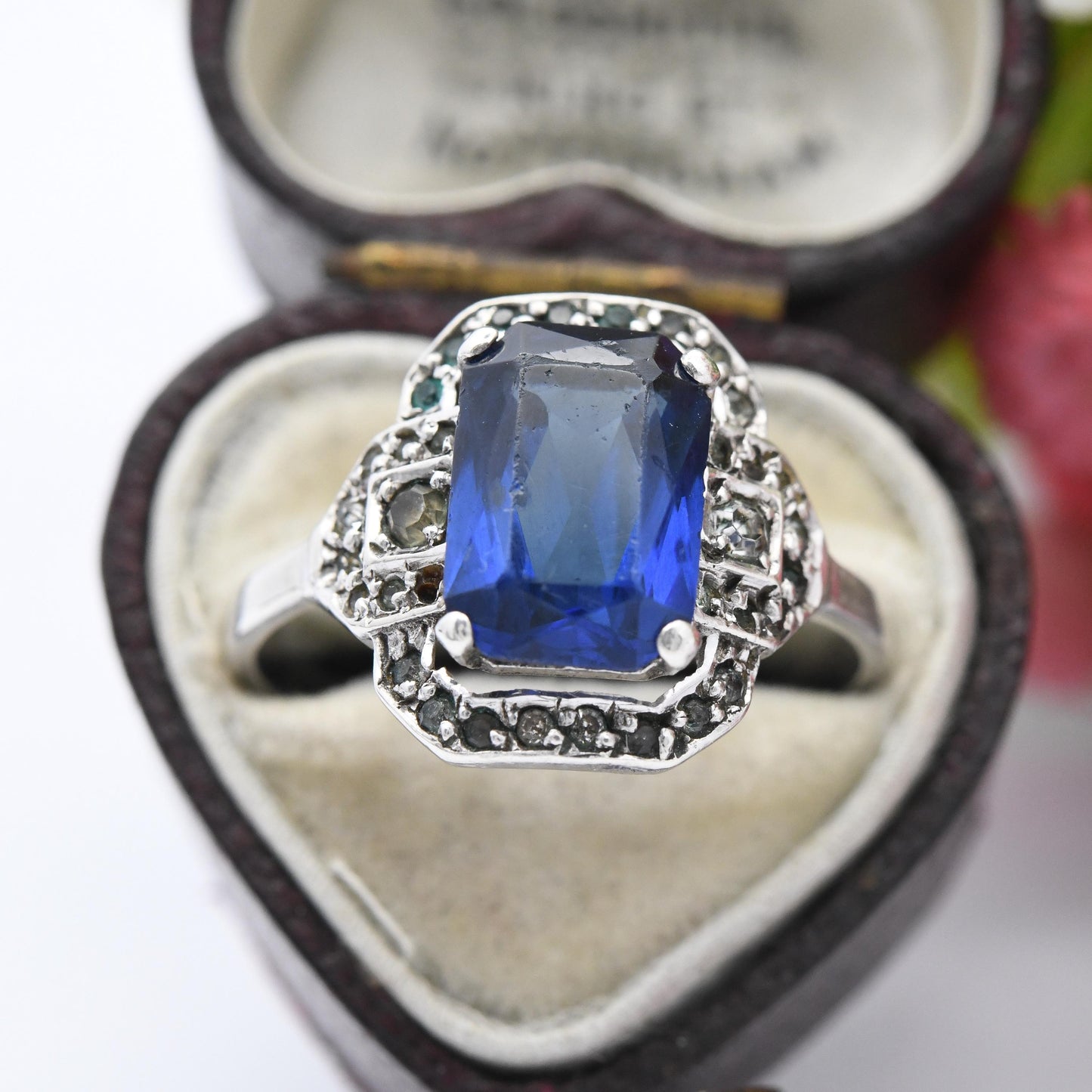 Antique Art Deco Silver Blue Paste Ring by Ciro SCP - Statement Cocktail Ring Sparkly Halo Gift for Her | Large UK Size - S | US Size - 9