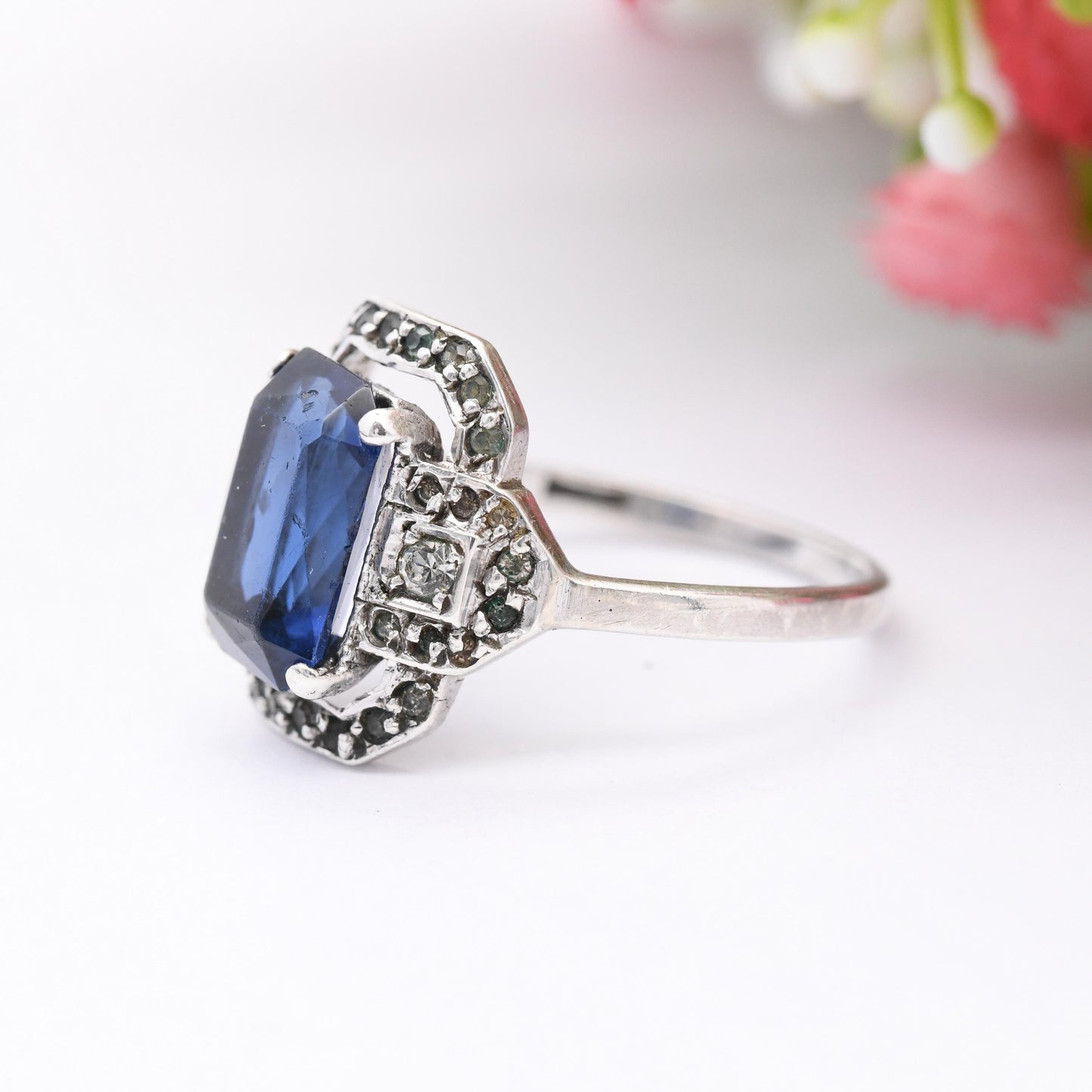 Antique Art Deco Silver Blue Paste Ring by Ciro SCP - Statement Cocktail Ring Sparkly Halo Gift for Her | Large UK Size - S | US Size - 9