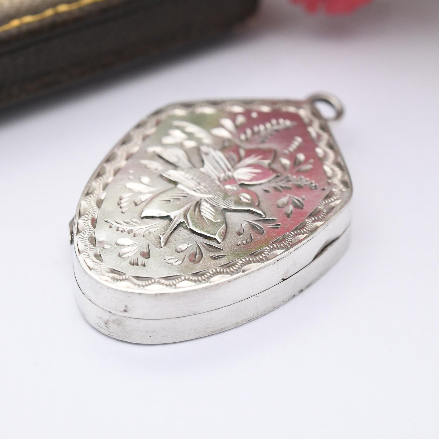 Antique Aesthetic Movement Sterling Silver Locket with Bird 1905 - Sweet Opening Pendant with Flowers and Animal | for Charm Necklace Stack