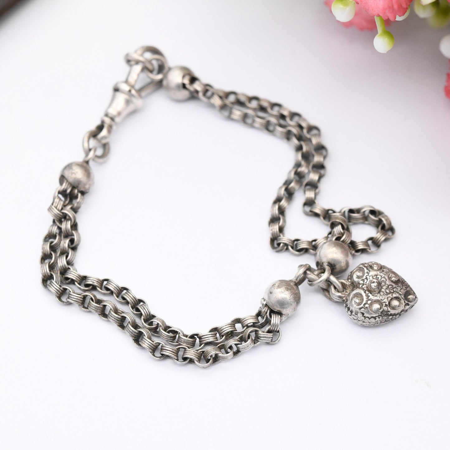 Antique Sterling Silver Baby Bracelet with Puffed Heart Charm - Victorian Rolo Link Double Chain | Sweet Gift for Baptism Christening