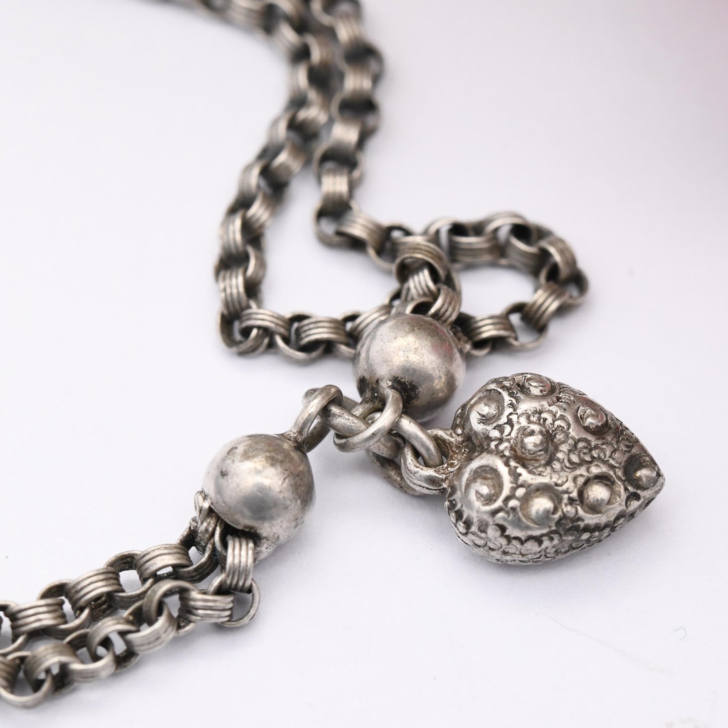 Antique Sterling Silver Baby Bracelet with Puffed Heart Charm - Victorian Rolo Link Double Chain | Sweet Gift for Baptism Christening