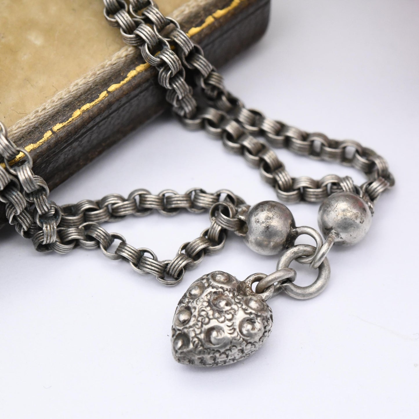 Antique Sterling Silver Baby Bracelet with Puffed Heart Charm - Victorian Rolo Link Double Chain | Sweet Gift for Baptism Christening