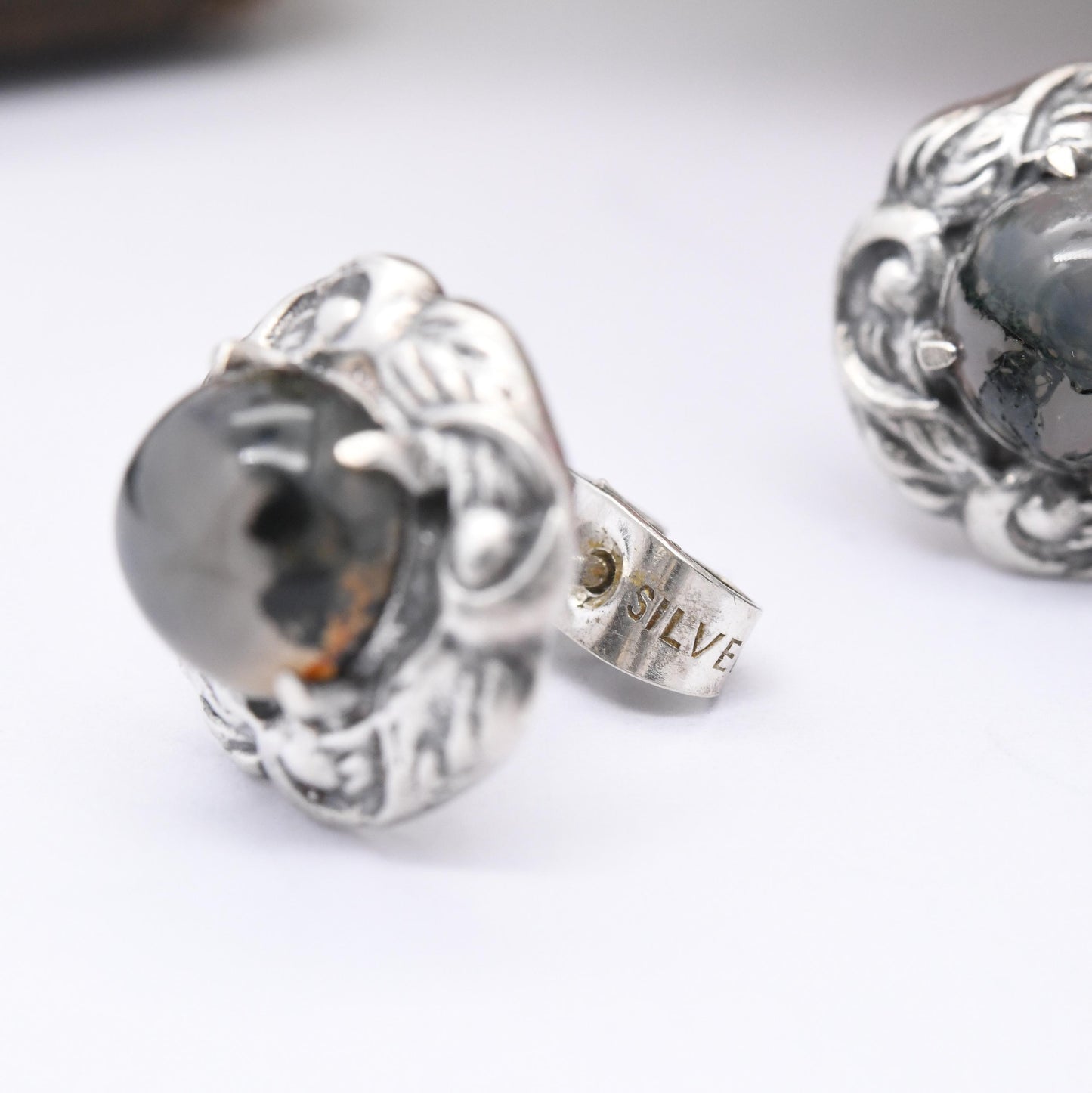 Vintage Scottish Moss Agate Sterling Silver Stud Earrings - Large Gemstone Studs Celtic Border | Pretty Gift for Her | Butterfly Backs
