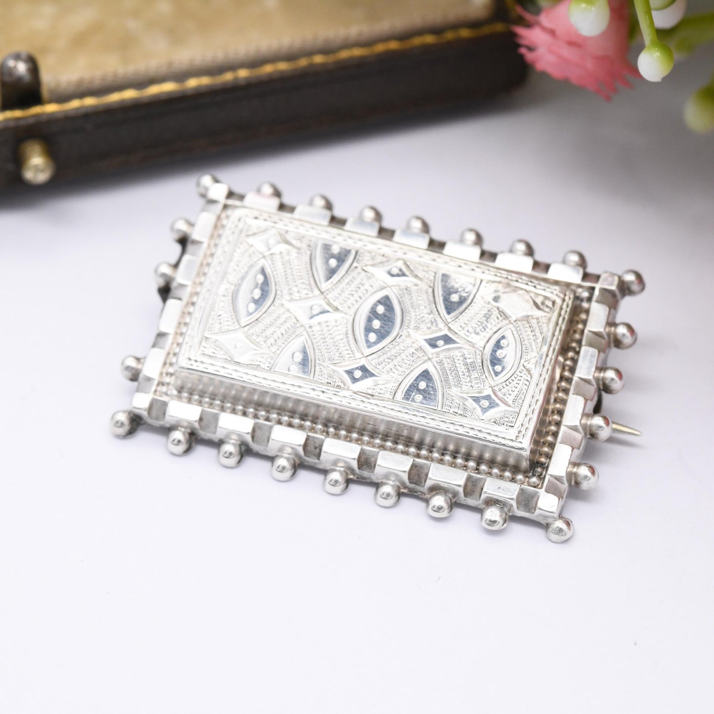 Antique Victorian Sterling Silver Aesthetic Movement Brooch with Granulated Edges - Rectangle Ball Brooch Hand Engraved