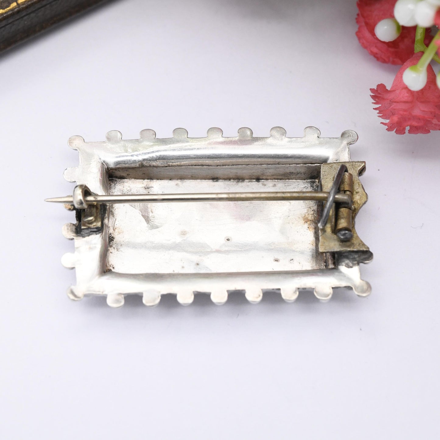 Antique Victorian Sterling Silver Aesthetic Movement Brooch with Granulated Edges - Rectangle Ball Brooch Hand Engraved