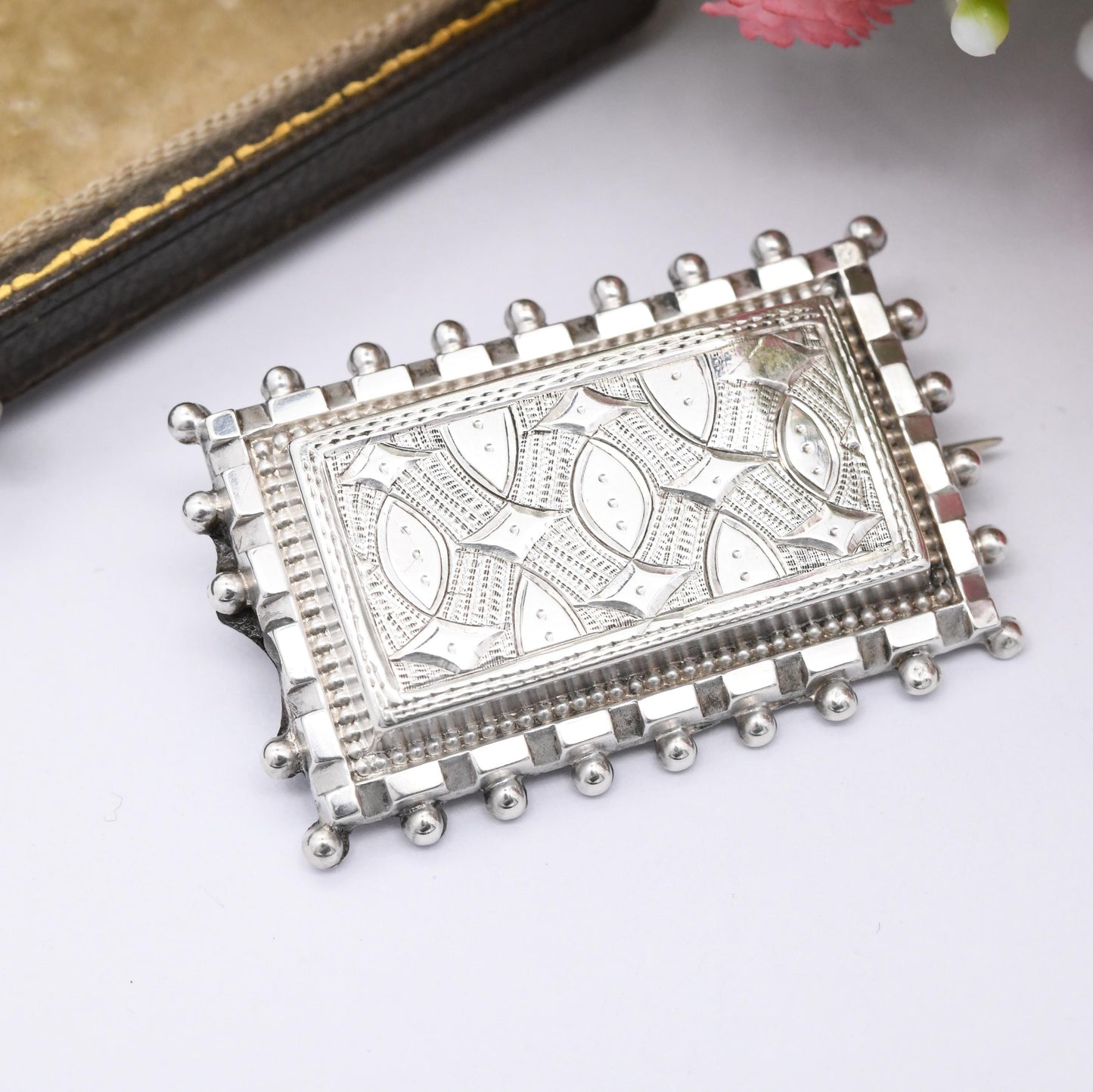 Antique Victorian Sterling Silver Aesthetic Movement Brooch with Granulated Edges - Rectangle Ball Brooch Hand Engraved