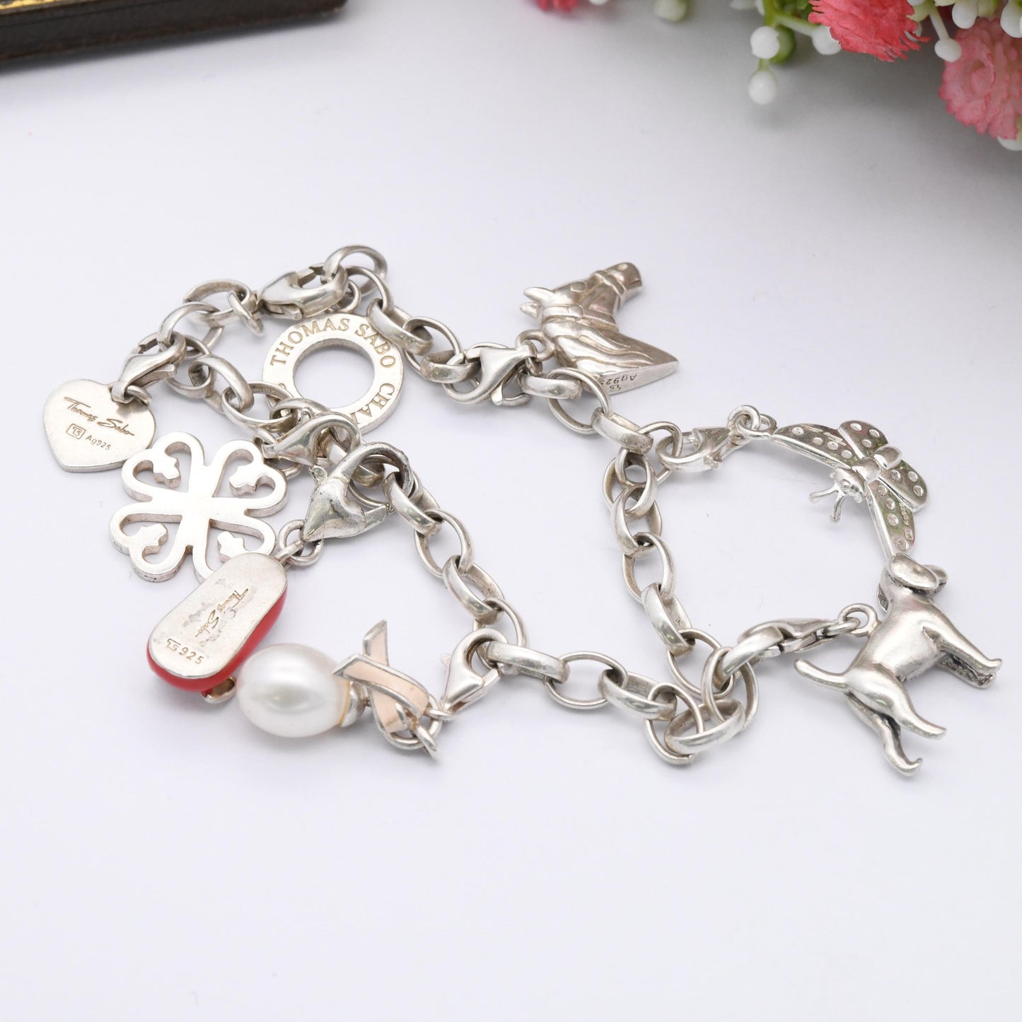 Sterling Silver Thomas Sabo Charm Bracelet Full 7 Charms Signed - Cable Links Chain | Starter Charm Set Dog Pearl Red Shoe Butterfly Heart
