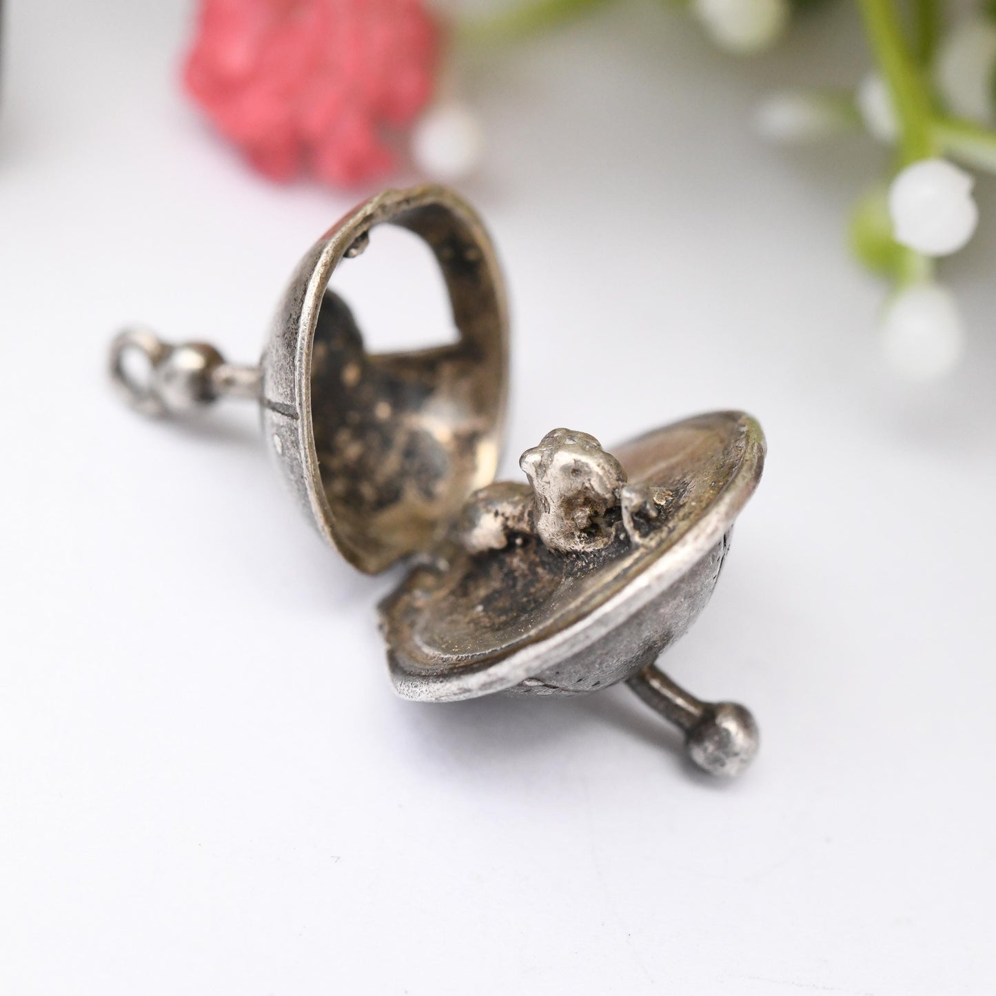 Vintage Sterling Silver Opening Sputnik Charm Pendant with Laika Dog Inside - Rare Satellite Soviet Union Space Age Articulated for Bracelet