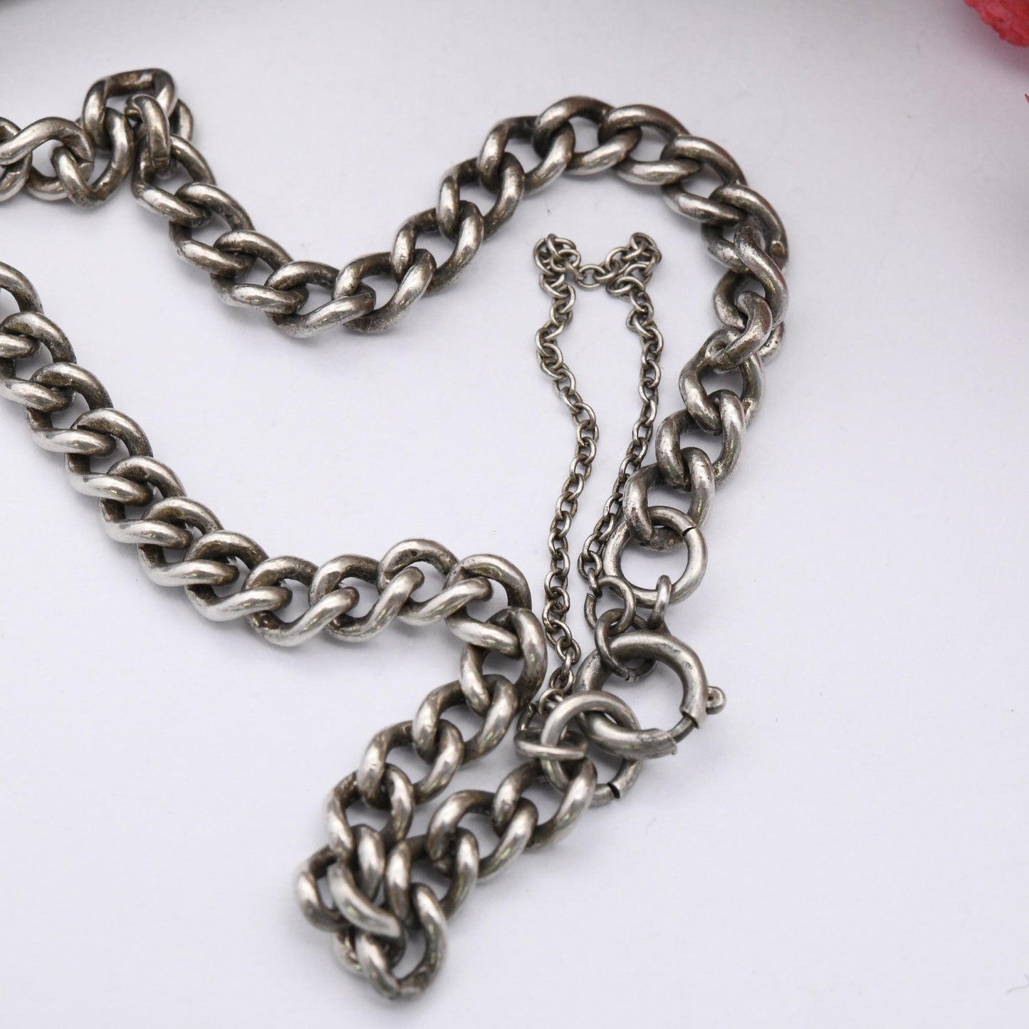 Vintage Sterling Silver Chain Bracelet - Rounded Curb Links | Charm Bracelet with Safety Chain