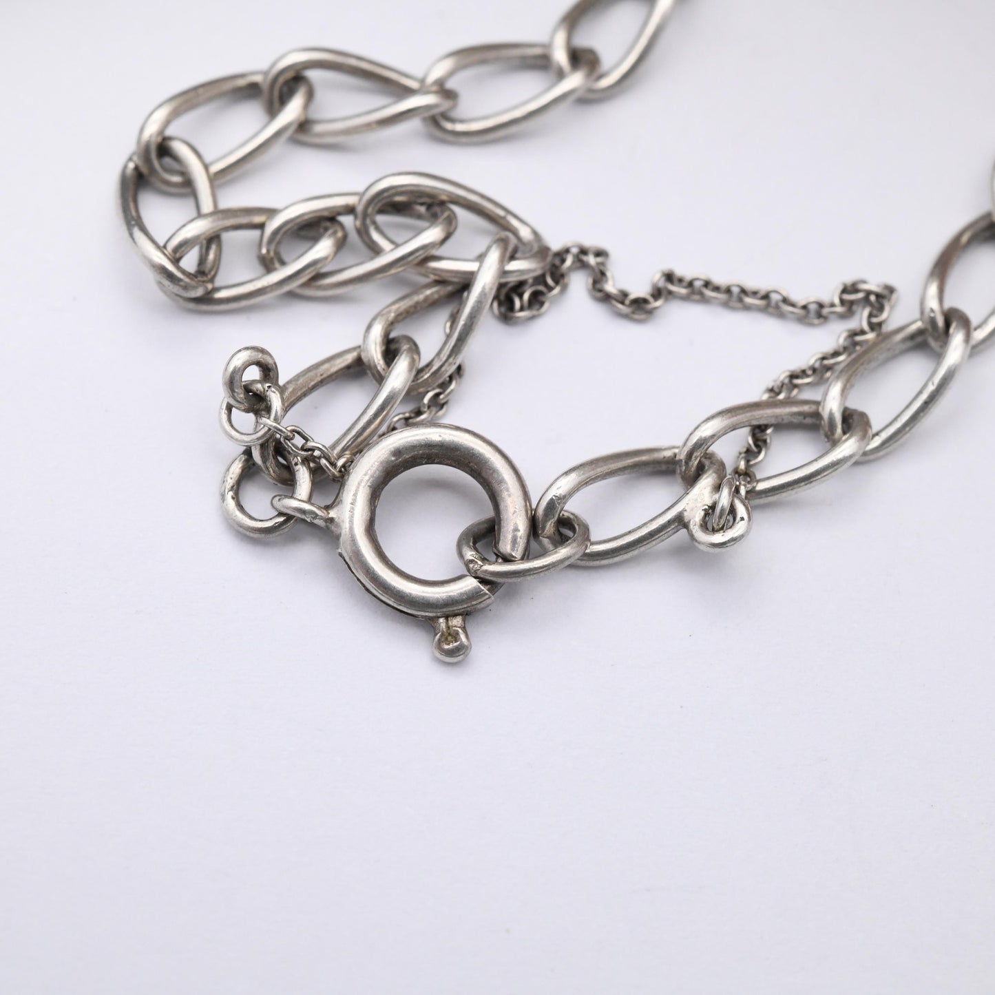 Vintage Sterling Silver Chain Bracelet - Long Rounded Curb Links | Charm Bracelet with Safety Chain