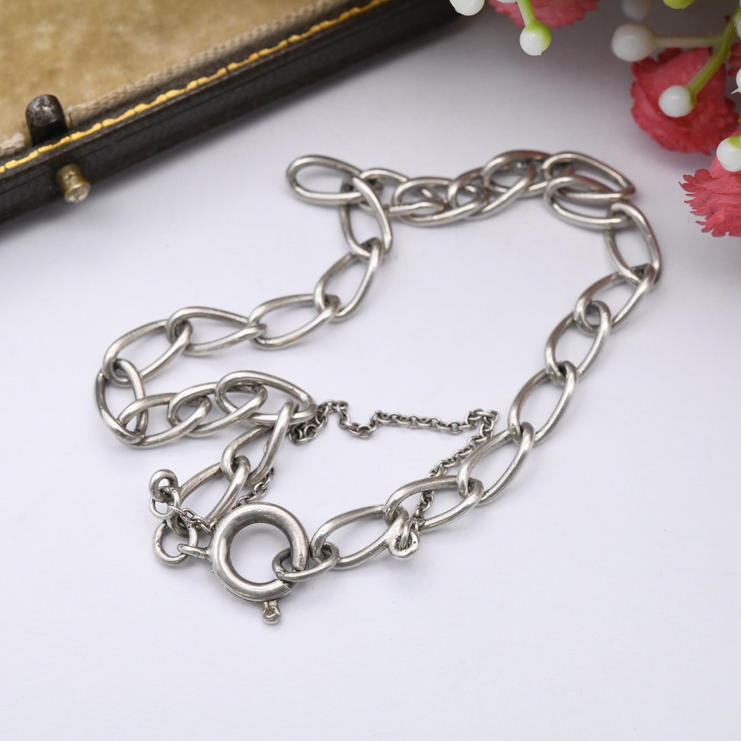 Vintage Sterling Silver Chain Bracelet - Long Rounded Curb Links | Charm Bracelet with Safety Chain