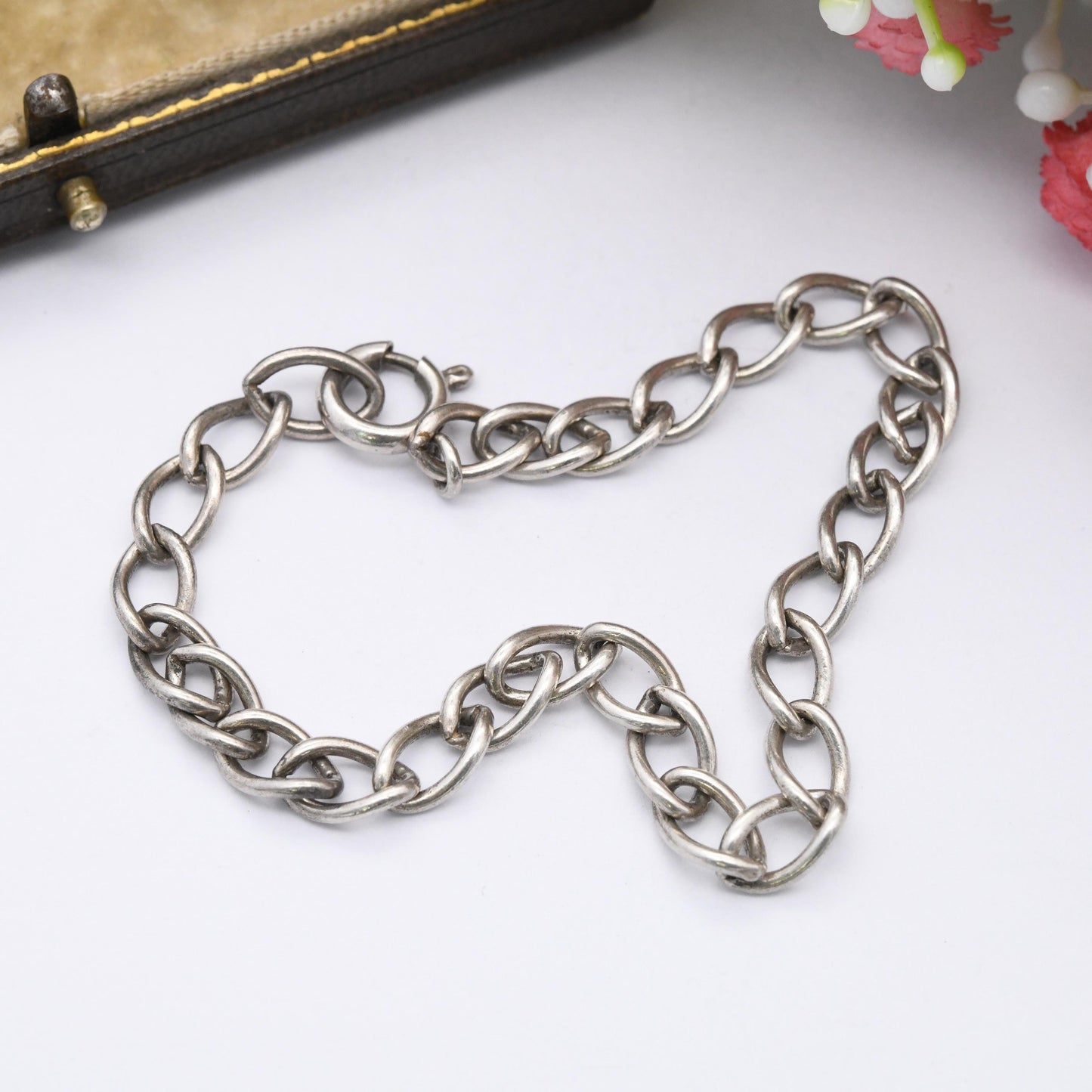 True Vintage Sterling Silver Chain Bracelet - Rounded Long Curb Links | Charm Bracelet