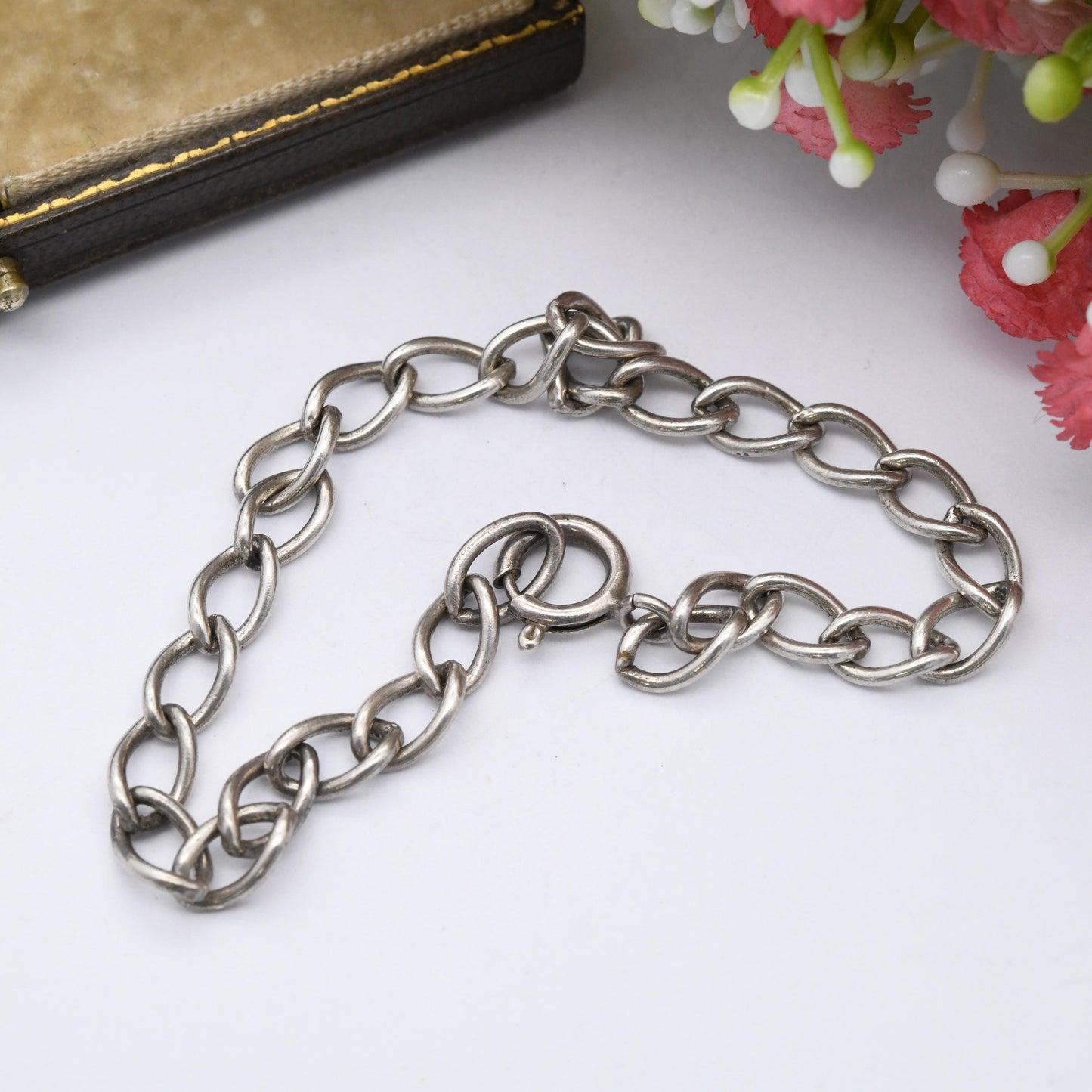 True Vintage Sterling Silver Chain Bracelet - Rounded Long Curb Links | Charm Bracelet