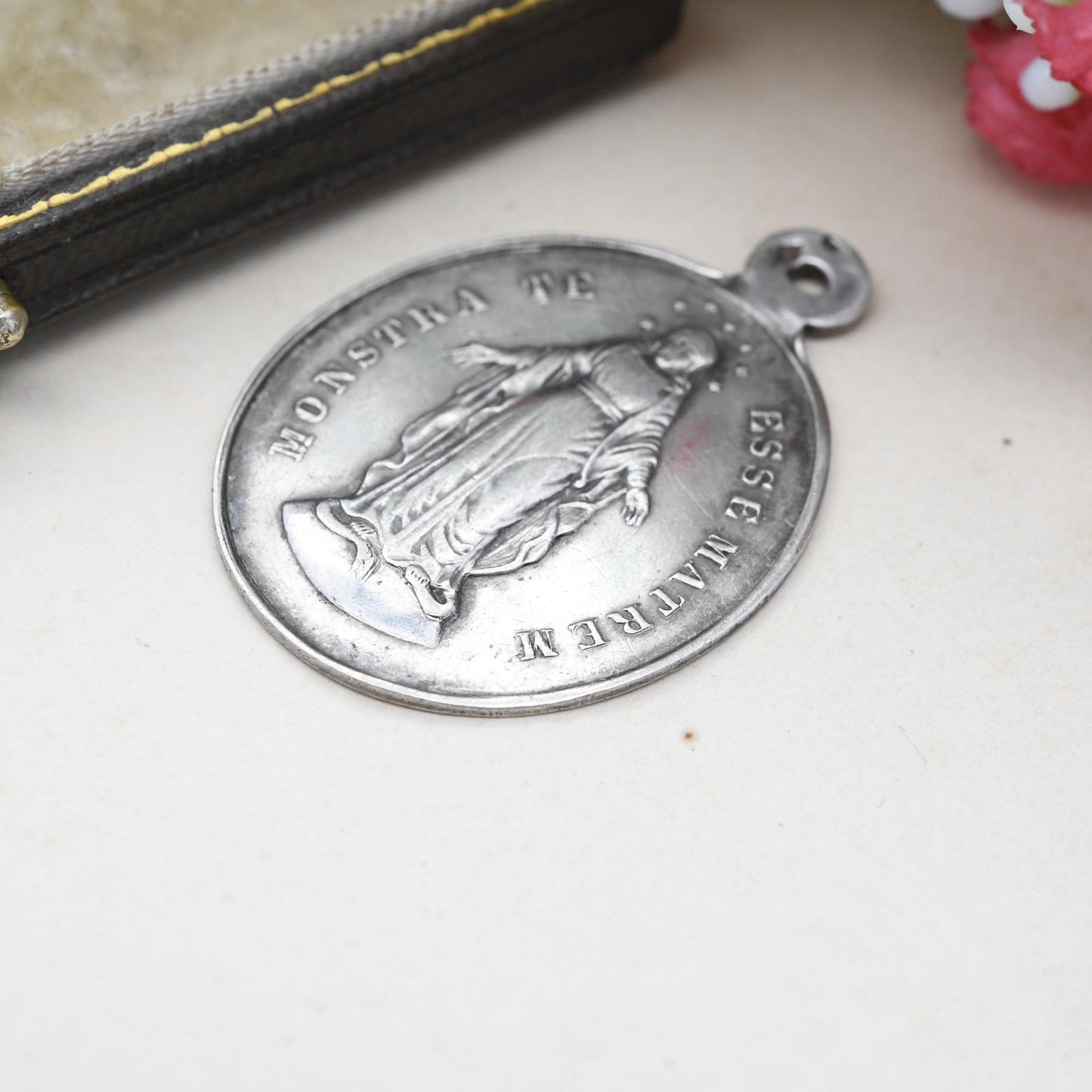 Vintage French Silver Virgin Mary Pendant 1931 - Latin Matrem Show That You Are Mother Congregation of the Children of Mary Christian Medal