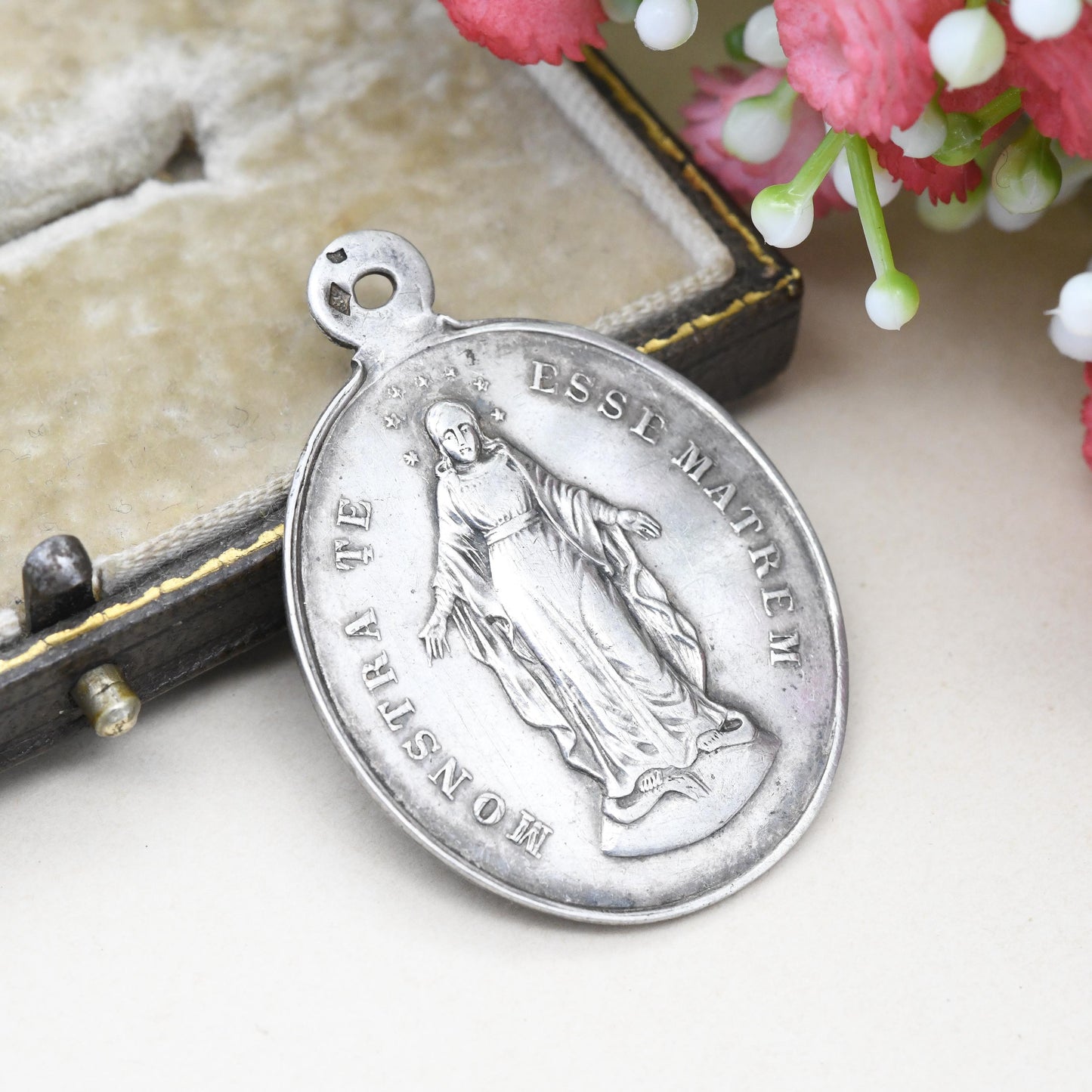 Vintage French Silver Virgin Mary Pendant 1931 - Latin Matrem Show That You Are Mother Congregation of the Children of Mary Christian Medal
