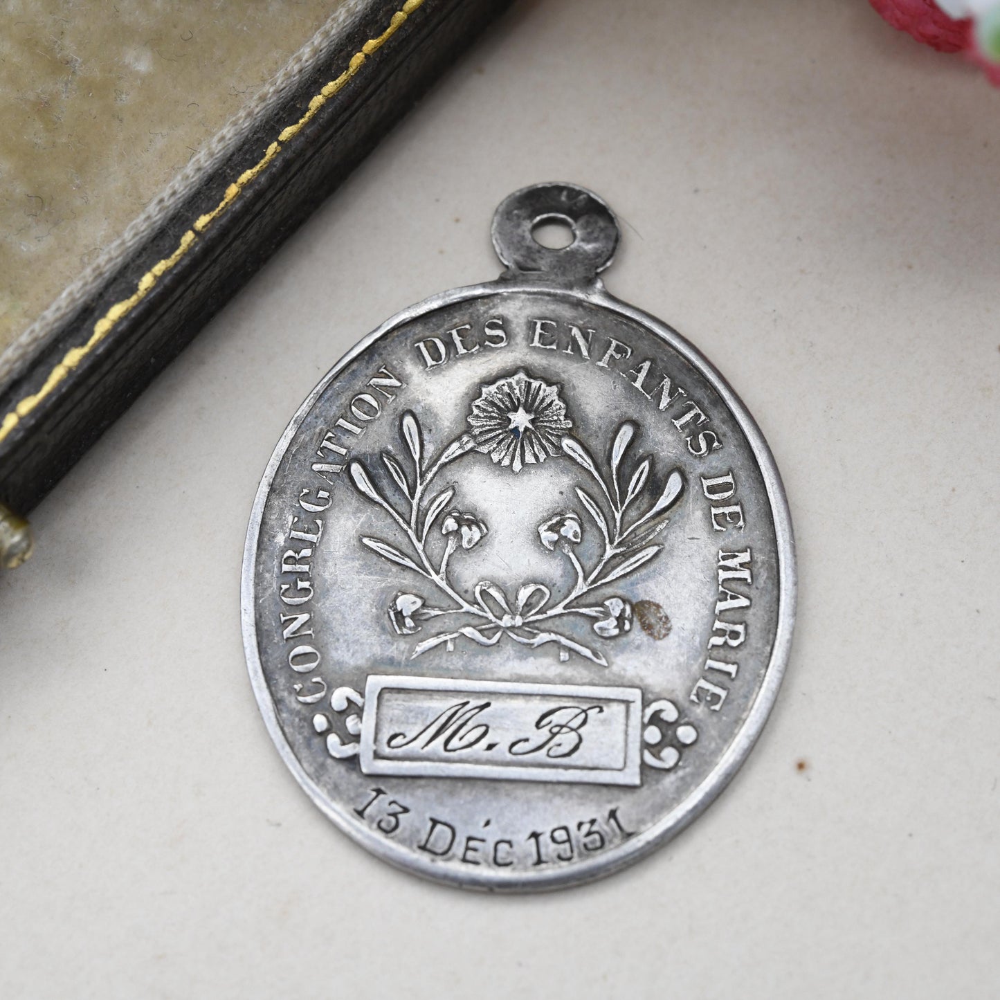 Vintage French Silver Virgin Mary Pendant 1931 - Latin Matrem Show That You Are Mother Congregation of the Children of Mary Christian Medal