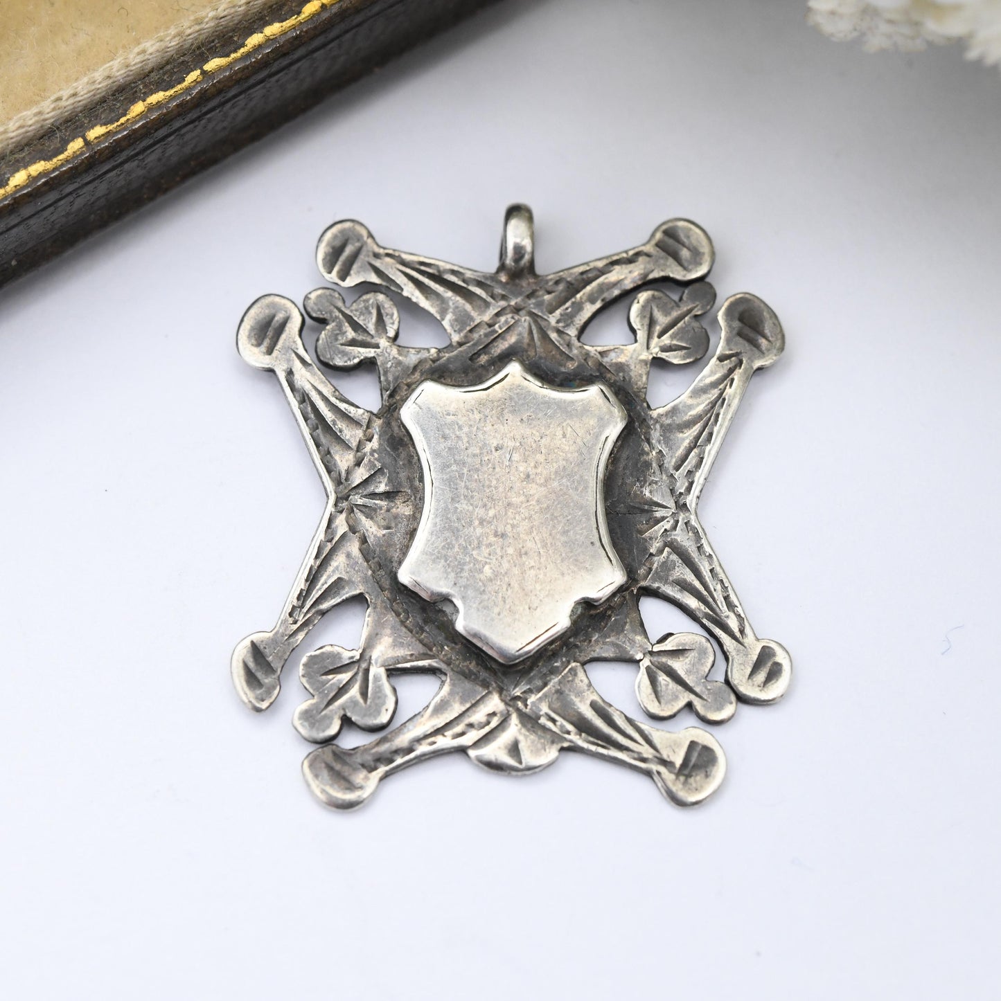 Antique Edwardian Sterling Silver Watch Fob Pendant 1908 with Blank Shield to Front - Hand-Engraved Solid Silver Jewellery Unisex Pendant