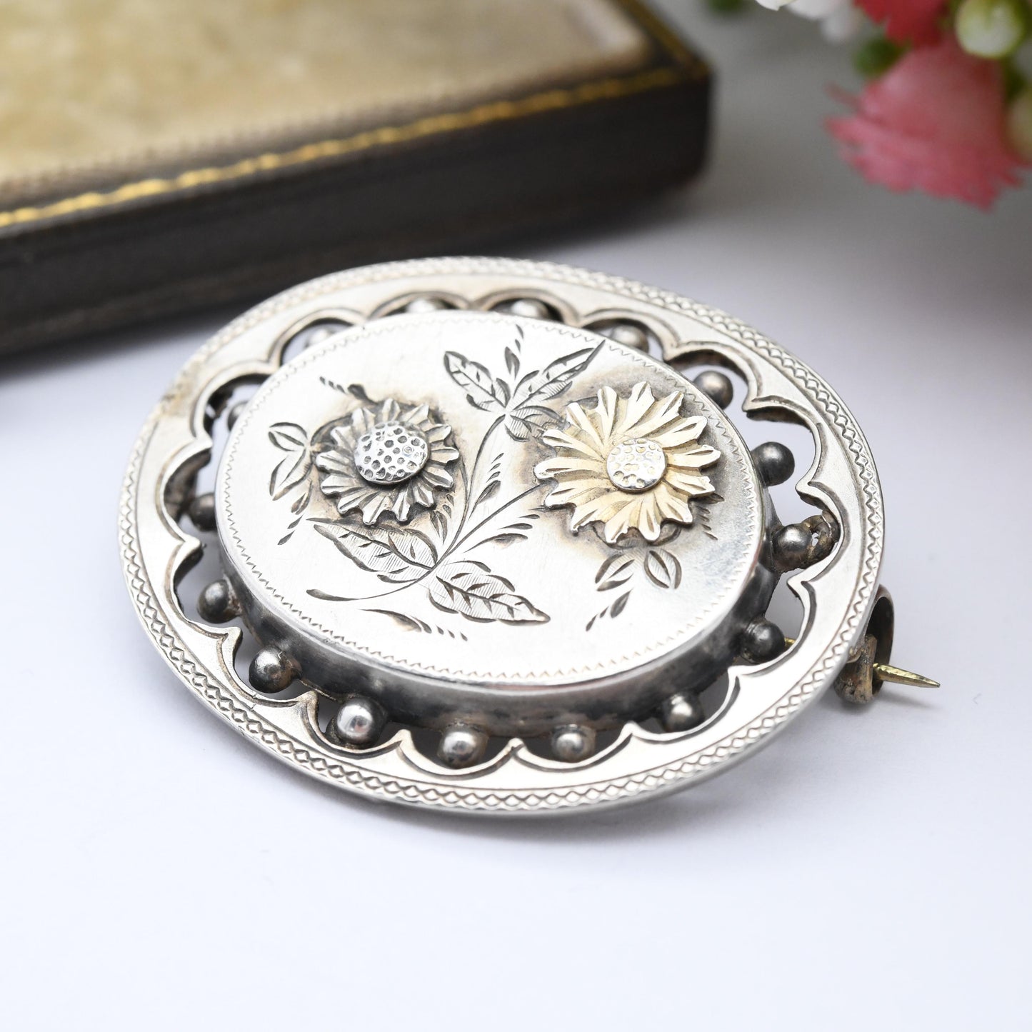 Antique Victorian Sterling Silver Aesthetic Movement Brooch with Granulated Edges - Engraved Daisy Flowers Design Gold Tone Nature Brooch