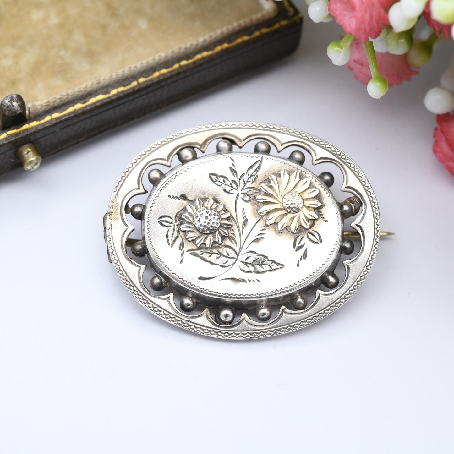 Antique Victorian Sterling Silver Aesthetic Movement Brooch with Granulated Edges - Engraved Daisy Flowers Design Gold Tone Nature Brooch