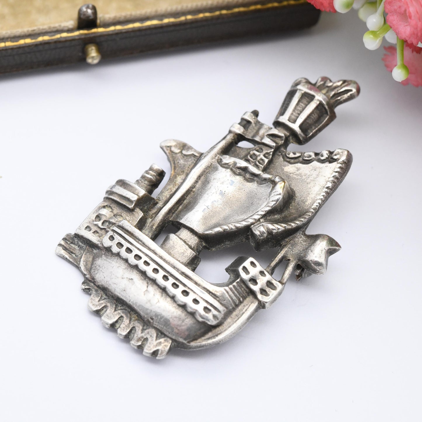Vintage Arthus Bertrand Ship Brooch Signed Paris Designer - Figural Mid-Century Brooch Silver Tone