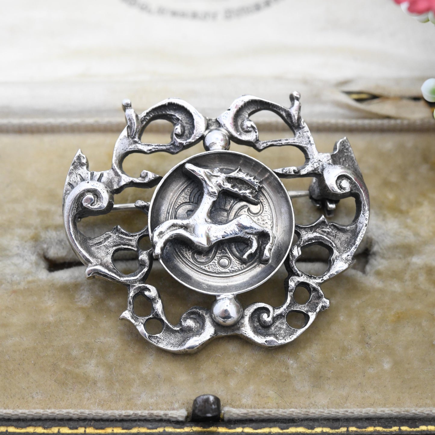 Vintage German Silver Stag Brooch by BAS Blachian Antik Schmuck - Leaping Deer with Antlers | Mid-Century Antique Biedermeier Style Bavarian