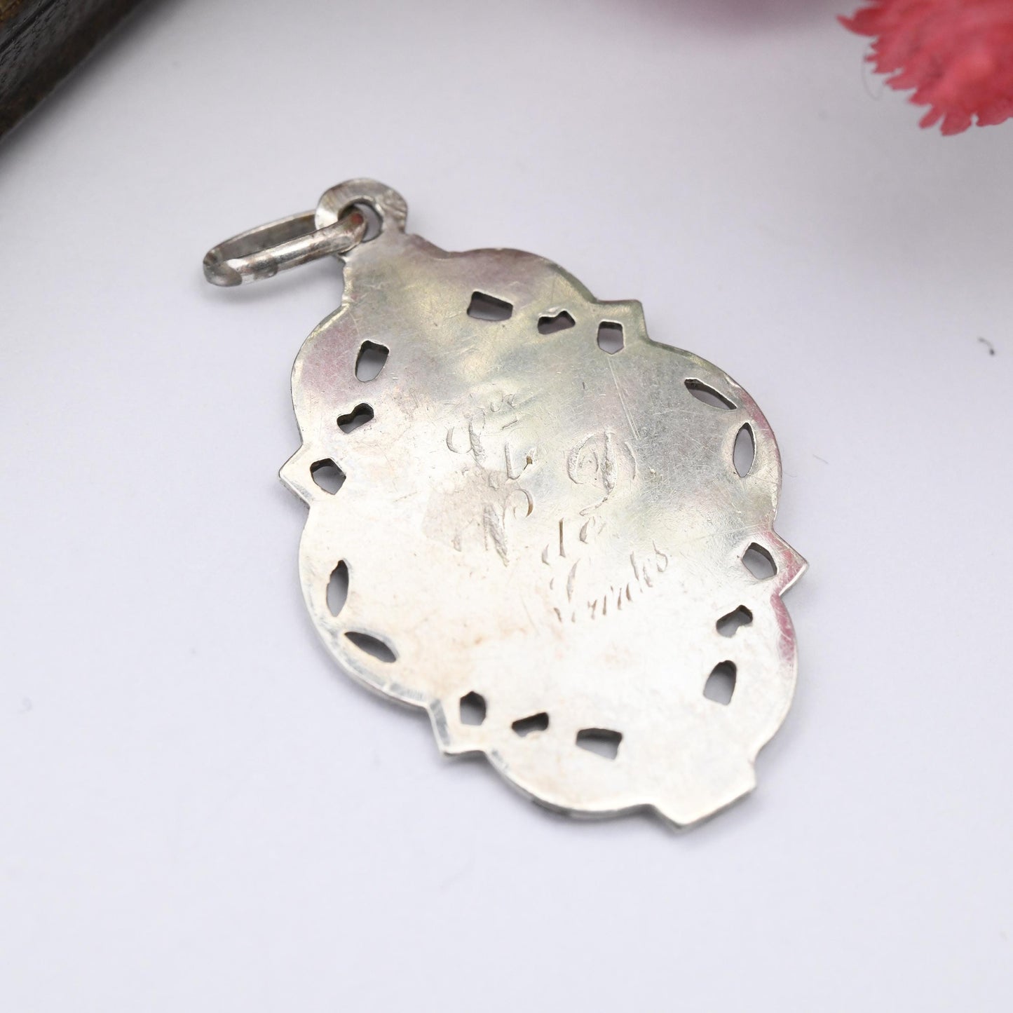 Antique French Silver and Rose Gold Virgin Mary Pendant - Art Nouveau Era Religious Necklace French Jewellery | Ornate Floral Design