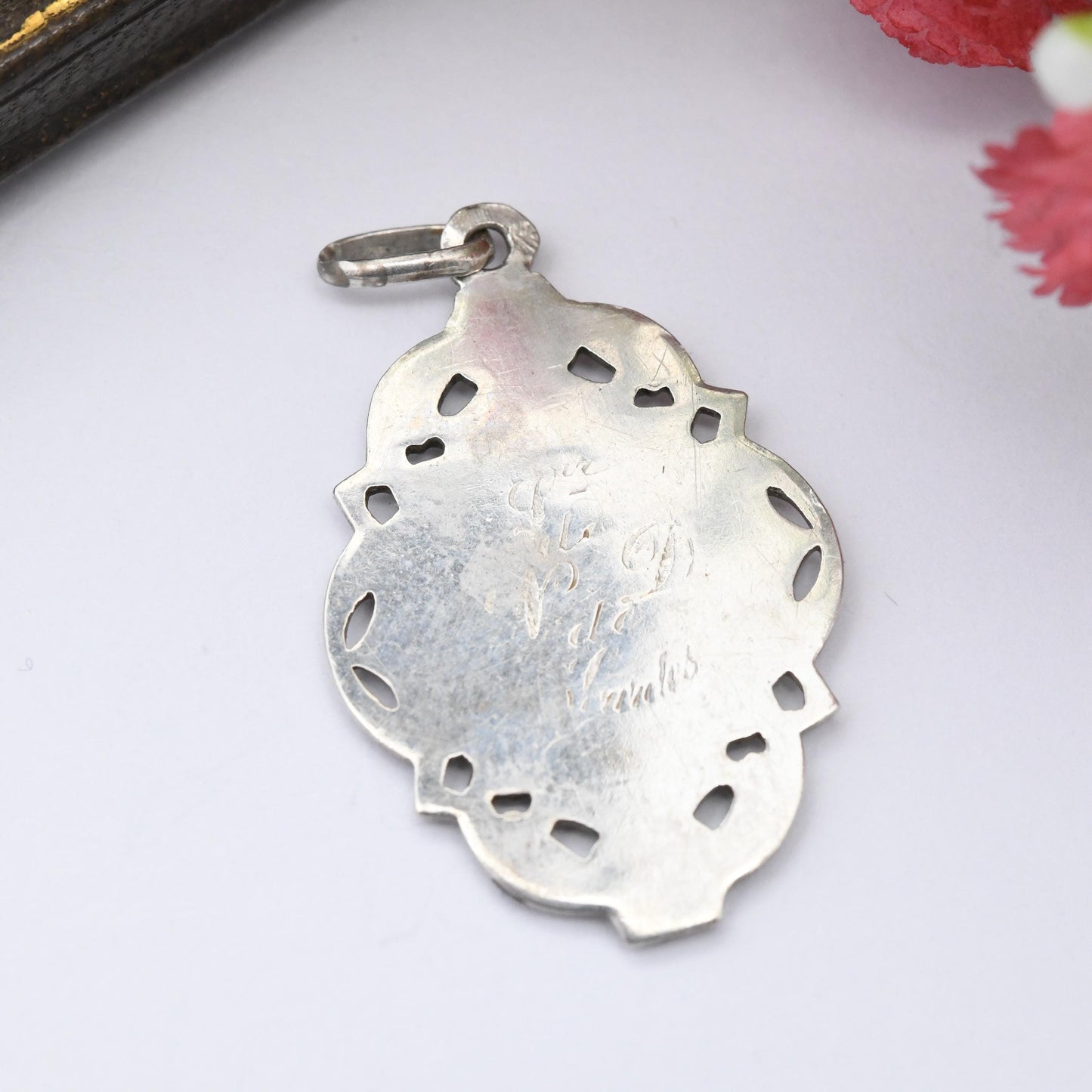 Antique French Silver and Rose Gold Virgin Mary Pendant - Art Nouveau Era Religious Necklace French Jewellery | Ornate Floral Design