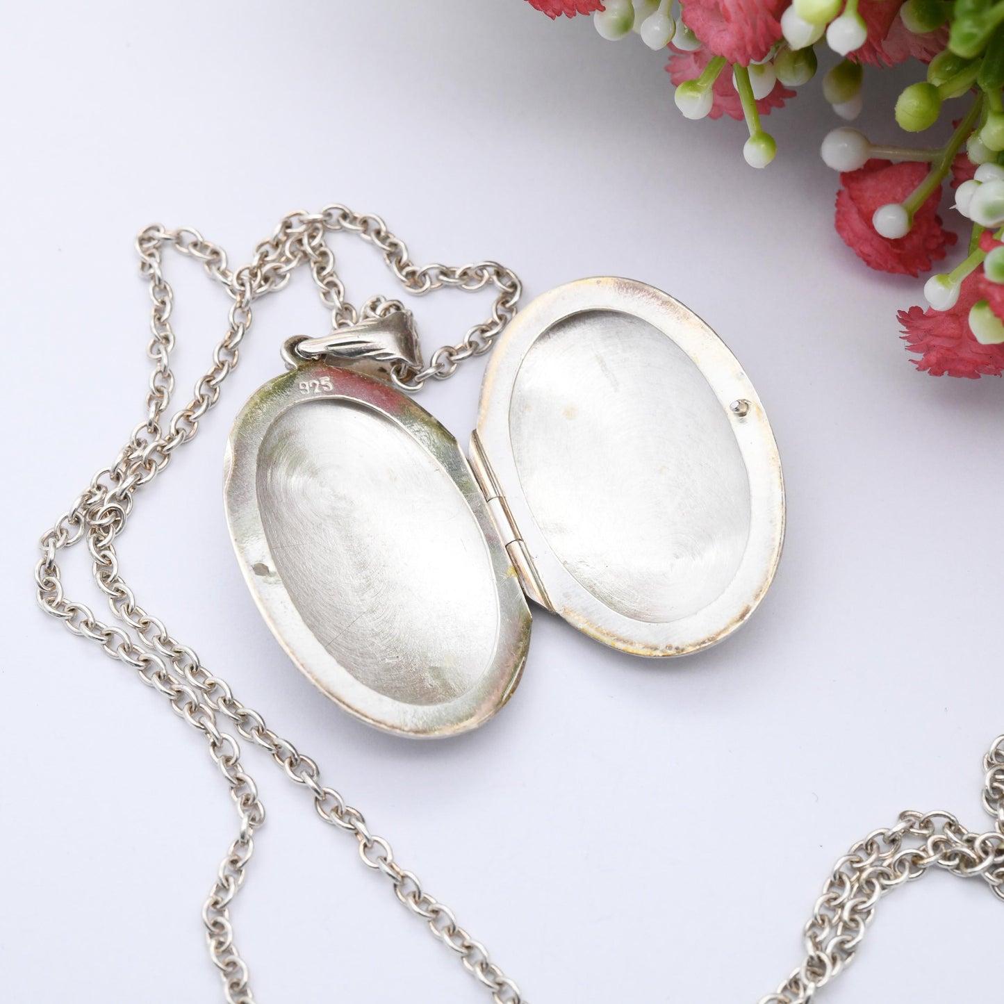 Vintage Sterling Silver Locket Pendant Necklace with Engraved Scrolling Design - Rounded Chunky Oval Shape on Long Cable Chain