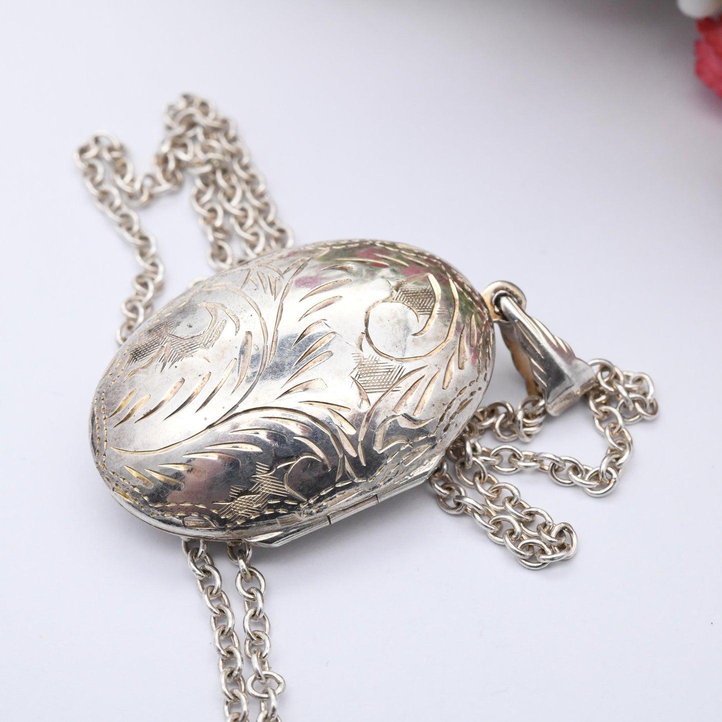 Vintage Sterling Silver Locket Pendant Necklace with Engraved Scrolling Design - Rounded Chunky Oval Shape on Long Cable Chain