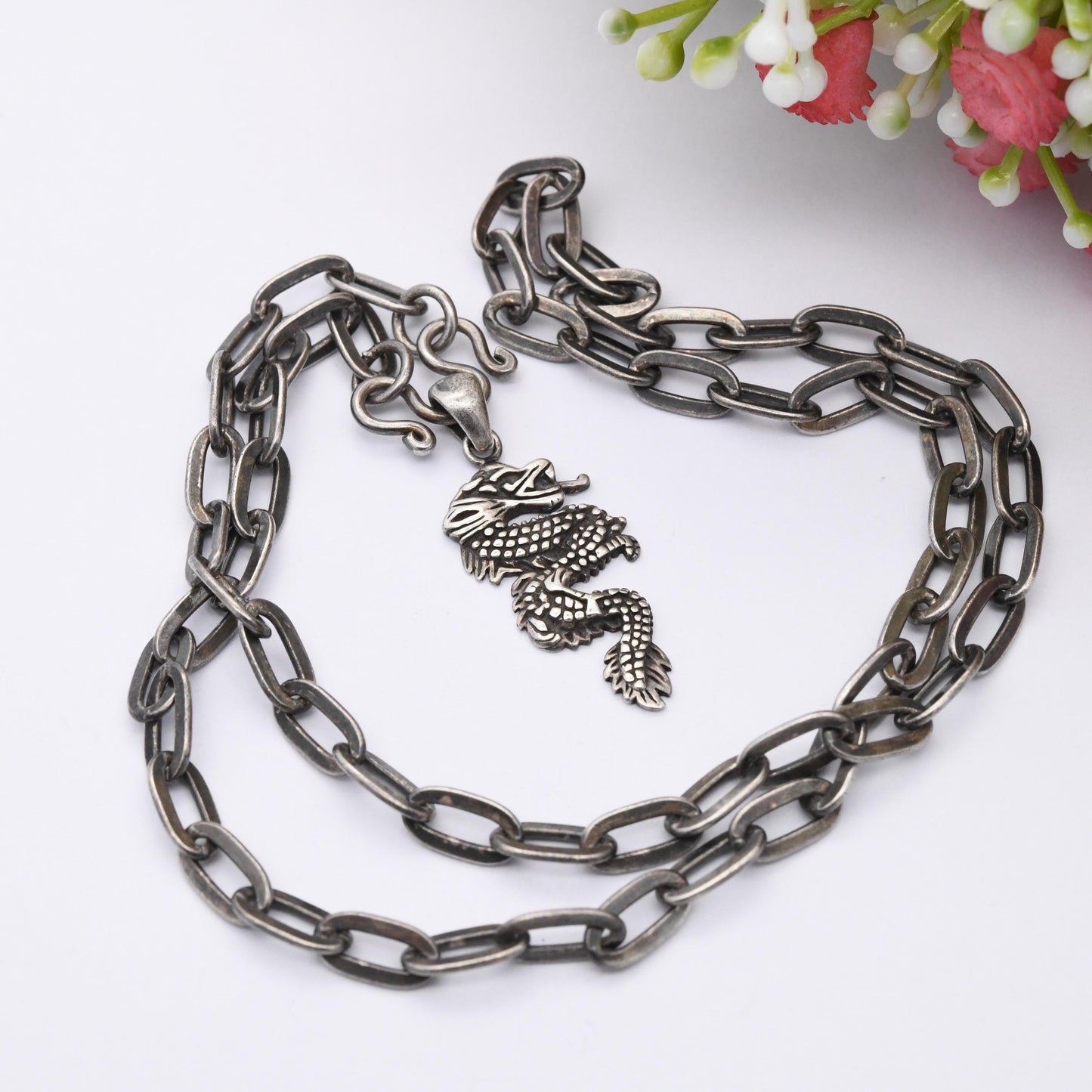 Vintage Sterling Silver Dragon Pendant Necklace Thailand TMA - Cable Link Chain Necklace Gift for Son Gift for Brother