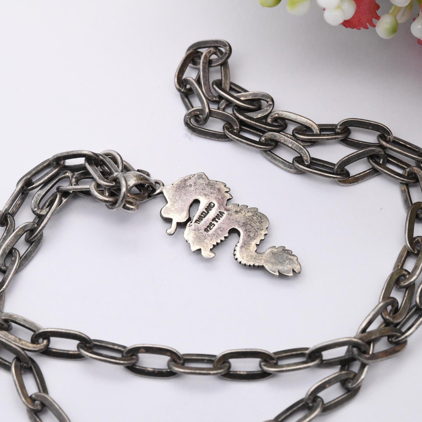 Vintage Sterling Silver Dragon Pendant Necklace Thailand TMA - Cable Link Chain Necklace Gift for Son Gift for Brother