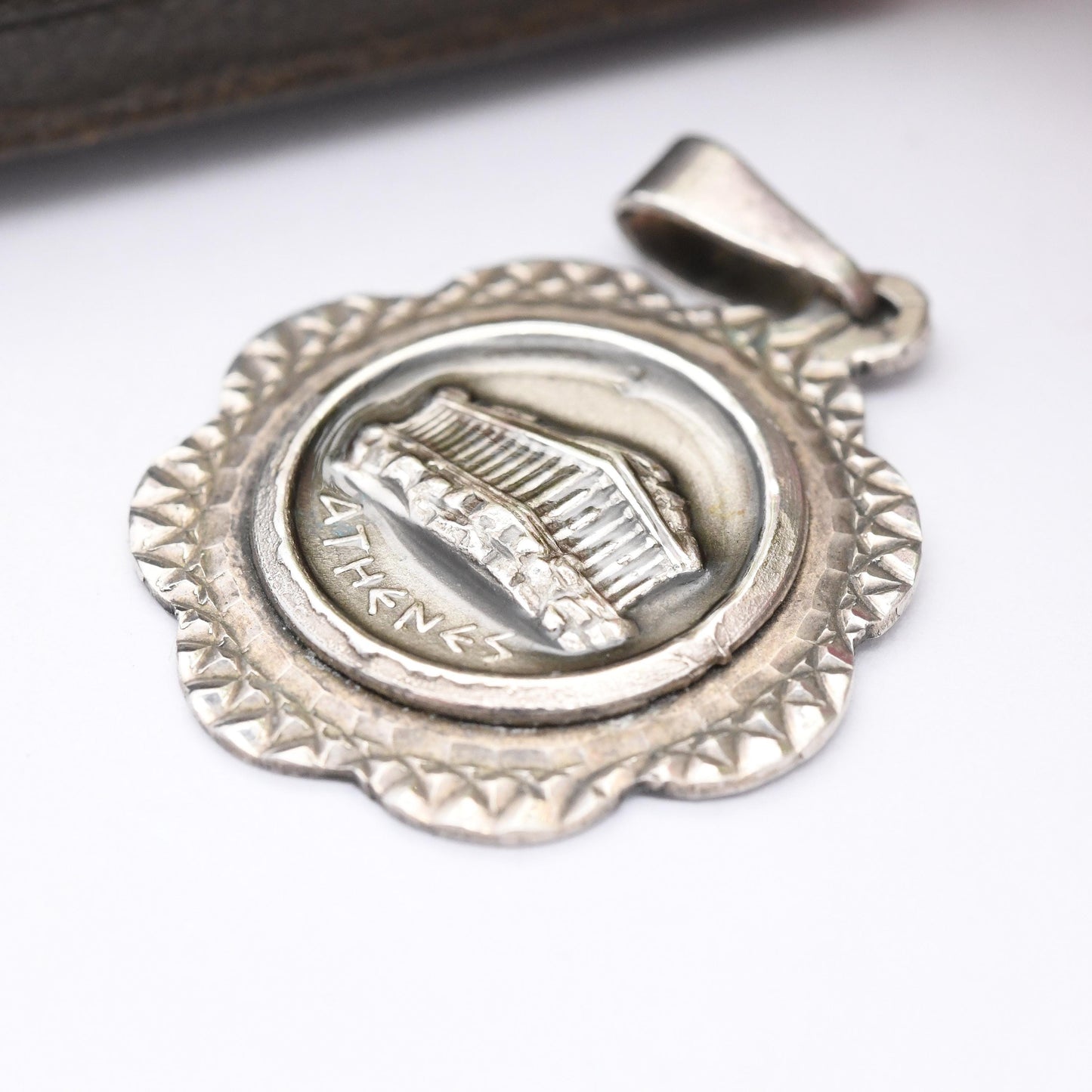 Vintage Sterling Silver Athens Parthenon Pendant Greek Acropolis Temple Souvenir - Ancient Greece Classical Student Gift | Textured Border