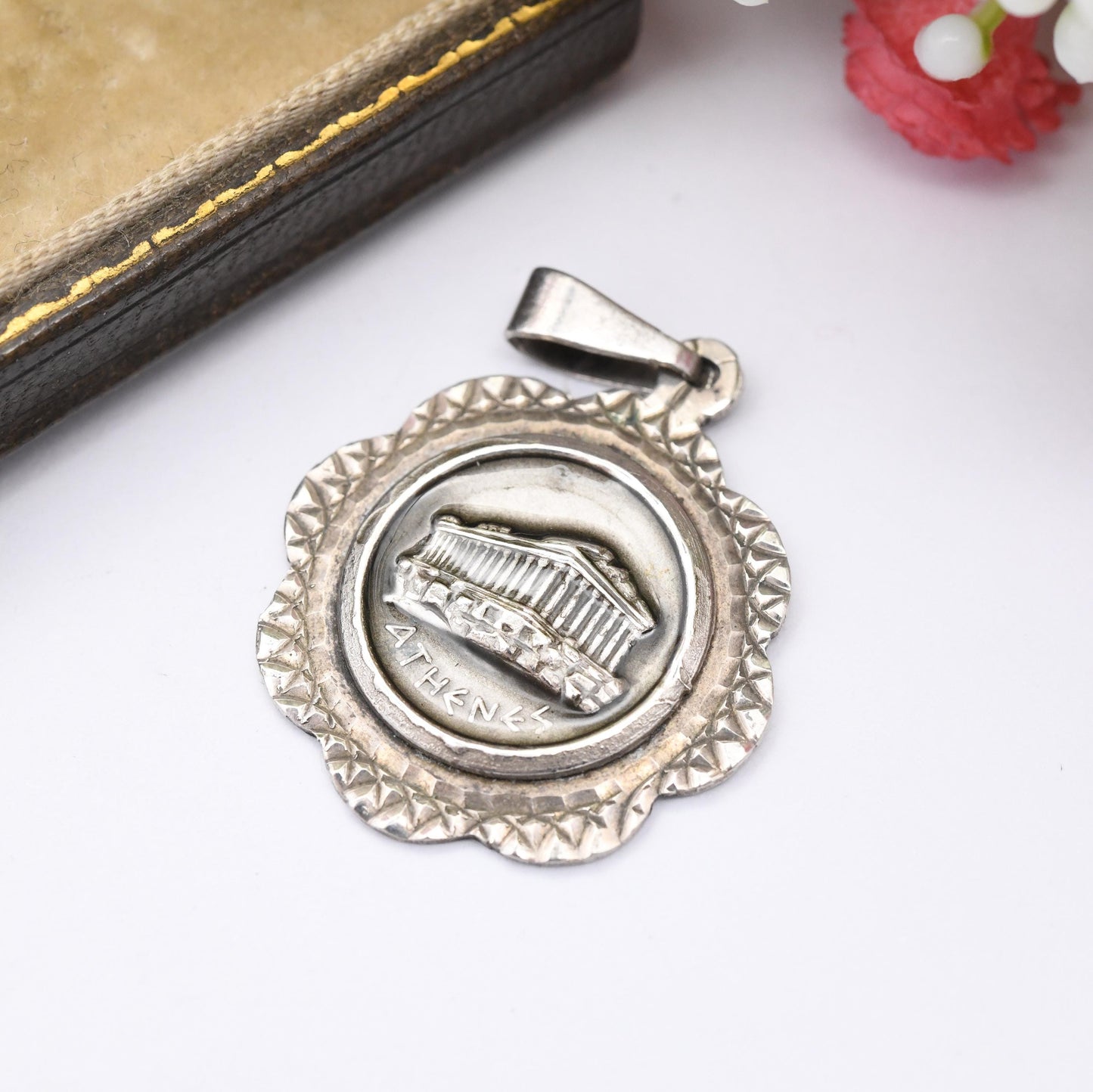 Vintage Sterling Silver Athens Parthenon Pendant Greek Acropolis Temple Souvenir - Ancient Greece Classical Student Gift | Textured Border