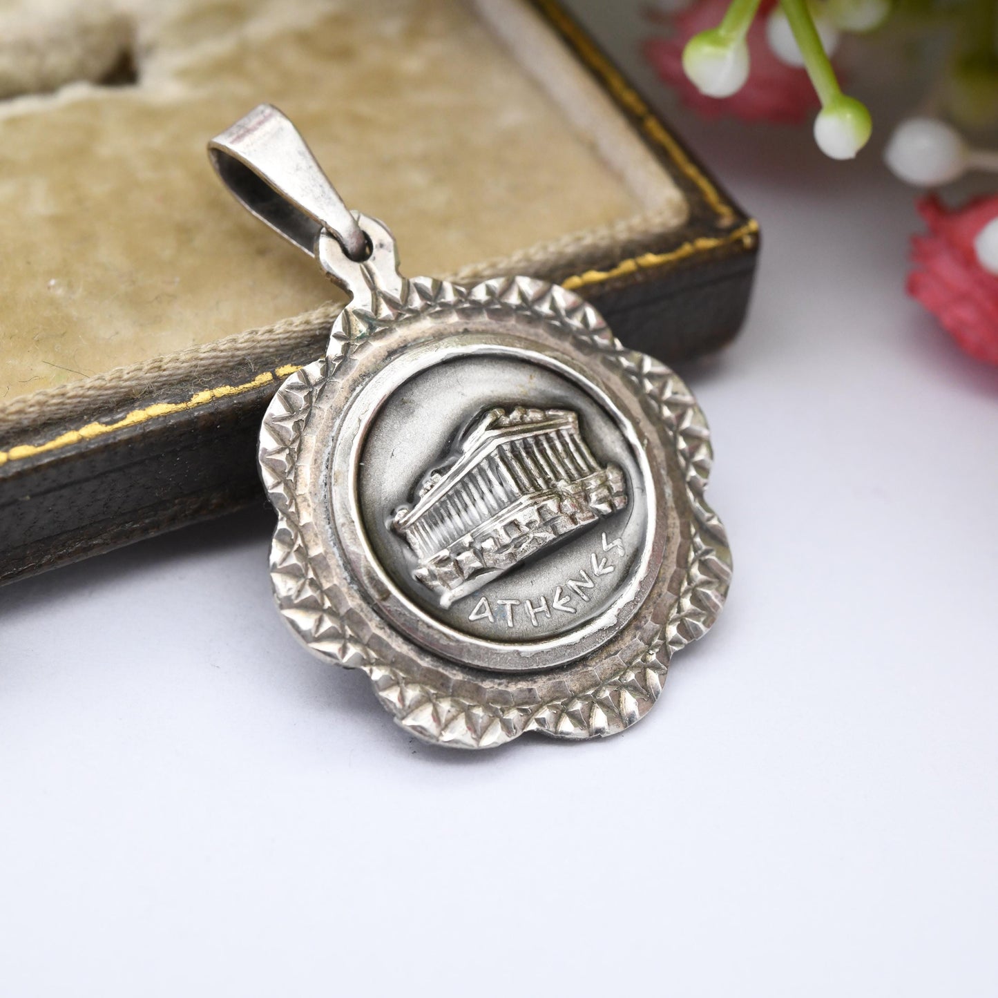 Vintage Sterling Silver Athens Parthenon Pendant Greek Acropolis Temple Souvenir - Ancient Greece Classical Student Gift | Textured Border