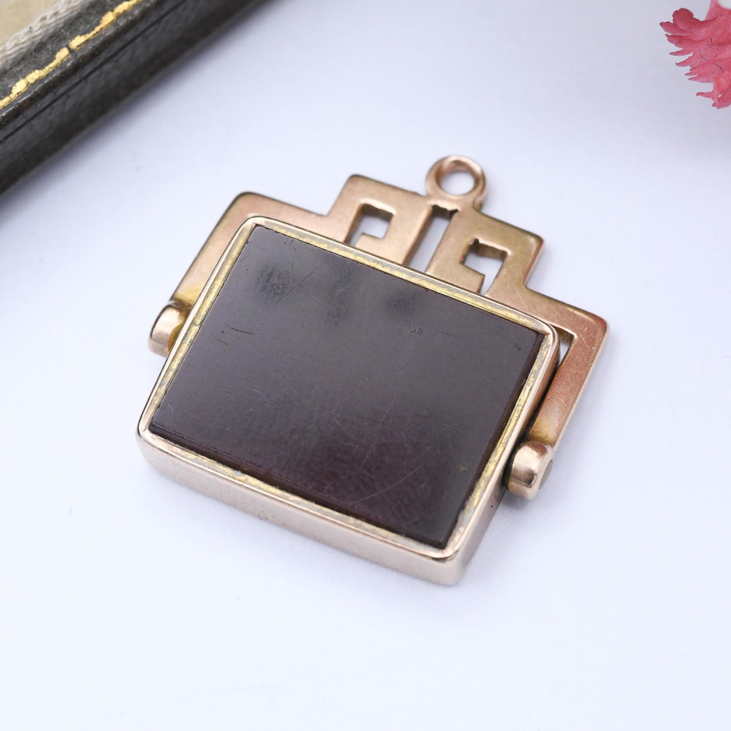 Antique 9ct Gold Carnelian Spinner Fob Pendant - Gemstone Watch Fob Charm Meander Greek Key Frame for Charm Necklace Stack Henry Williamson