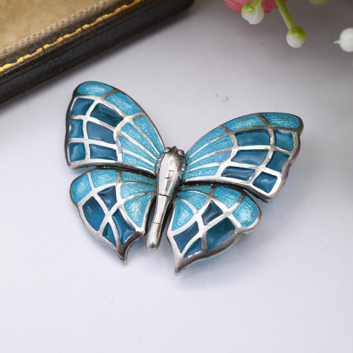 Vintage Fish Sterling Silver Plique-à-Jour Butterfly Brooch - Multi-tone Blue Enamel and Glass Wings