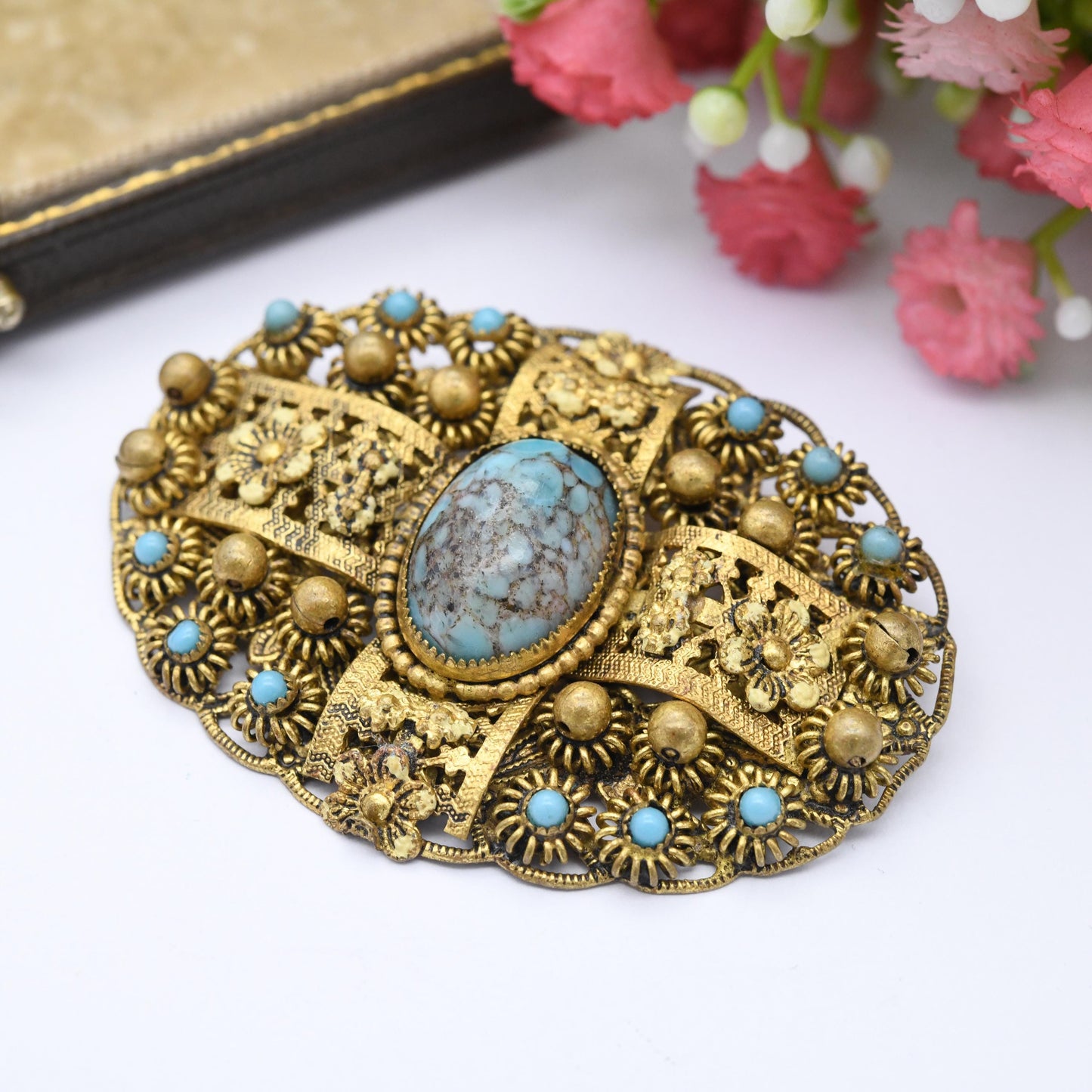 True Vintage Czech Filigree Peking Glass Brooch Faux Turquoise - Ornate Flower Design c. 1930s 1940s