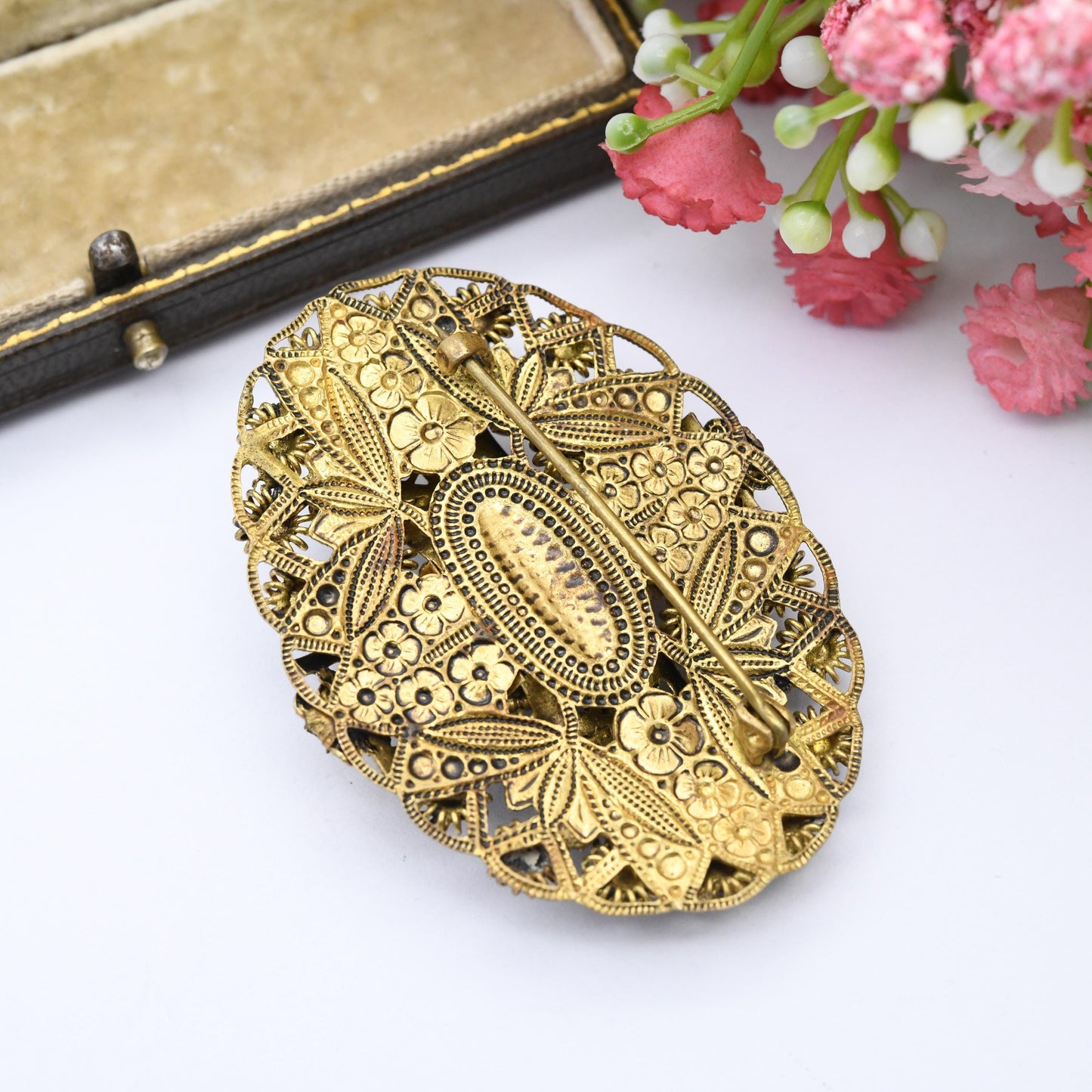 True Vintage Czech Filigree Peking Glass Brooch Faux Turquoise - Ornate Flower Design c. 1930s 1940s