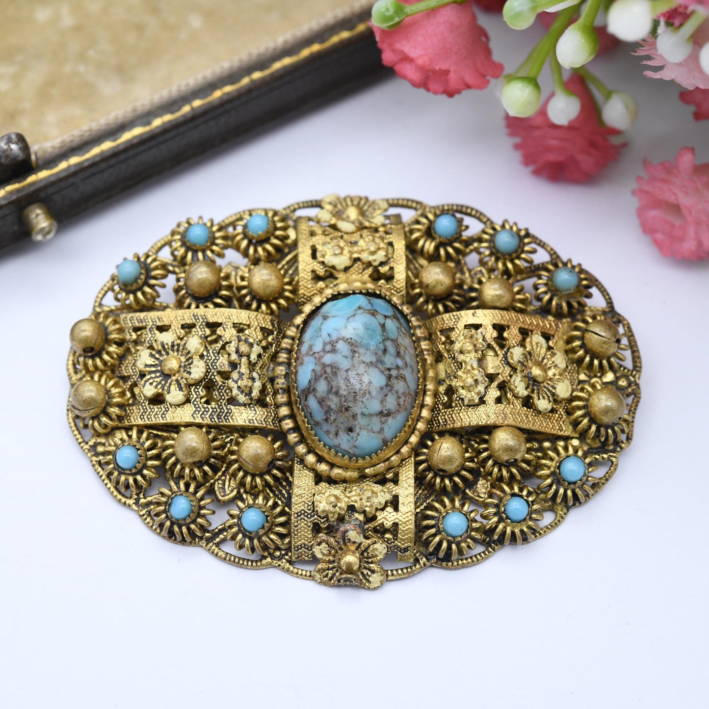 True Vintage Czech Filigree Peking Glass Brooch Faux Turquoise - Ornate Flower Design c. 1930s 1940s