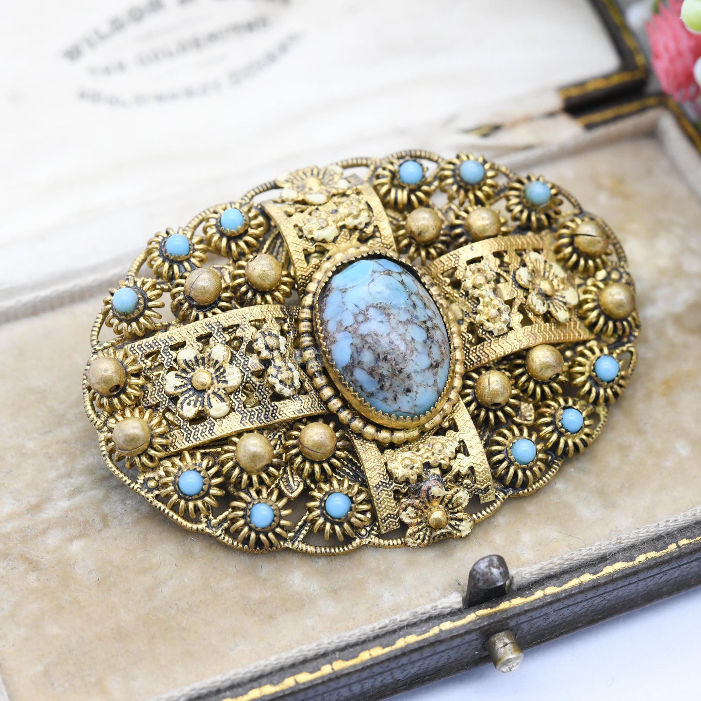 True Vintage Czech Filigree Peking Glass Brooch Faux Turquoise - Ornate Flower Design c. 1930s 1940s