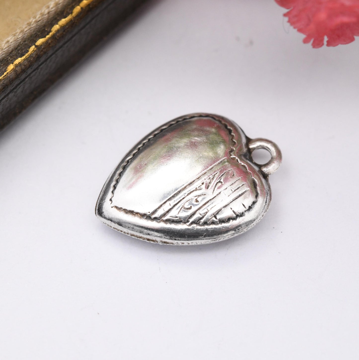 Vintage Sterling Silver Puffed Heart Charm Pendant with Engraved Border Design - Small Love Heart Gift Charm Necklace Stack