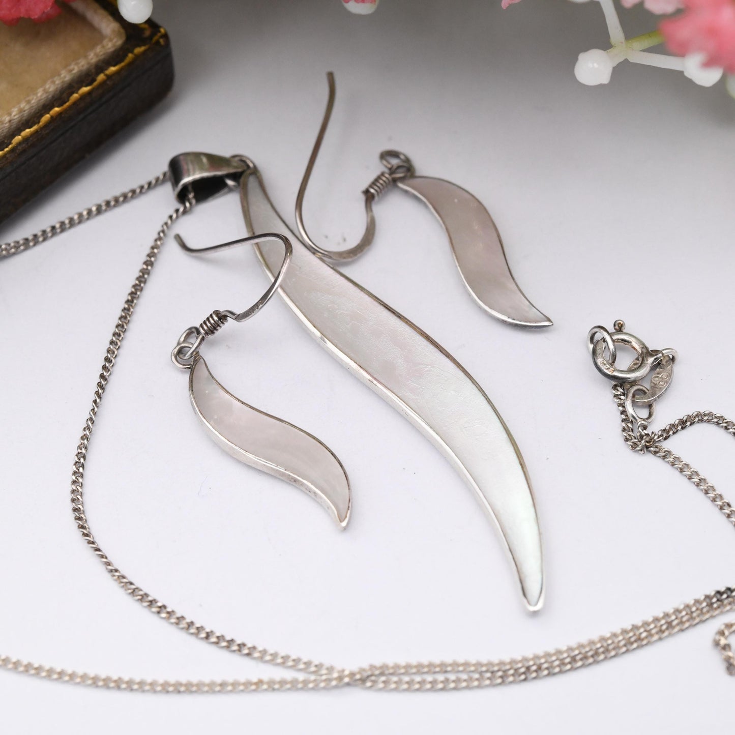 Sterling Silver Mother of Pearl Necklace and Drop Earrings Set - Minimal White Stone S Shaped Demi Parure