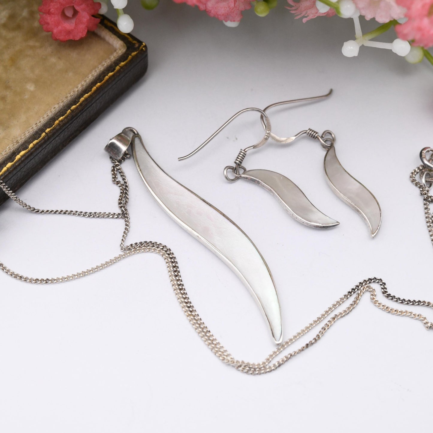 Sterling Silver Mother of Pearl Necklace and Drop Earrings Set - Minimal White Stone S Shaped Demi Parure