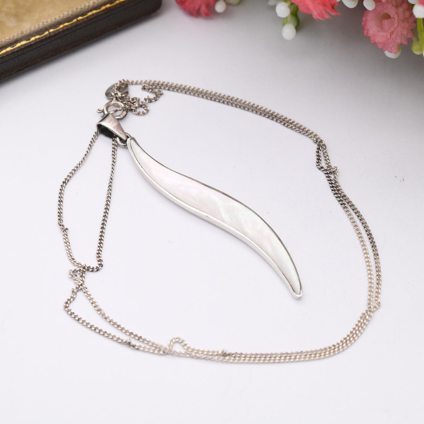 Sterling Silver Mother of Pearl Necklace and Drop Earrings Set - Minimal White Stone S Shaped Demi Parure
