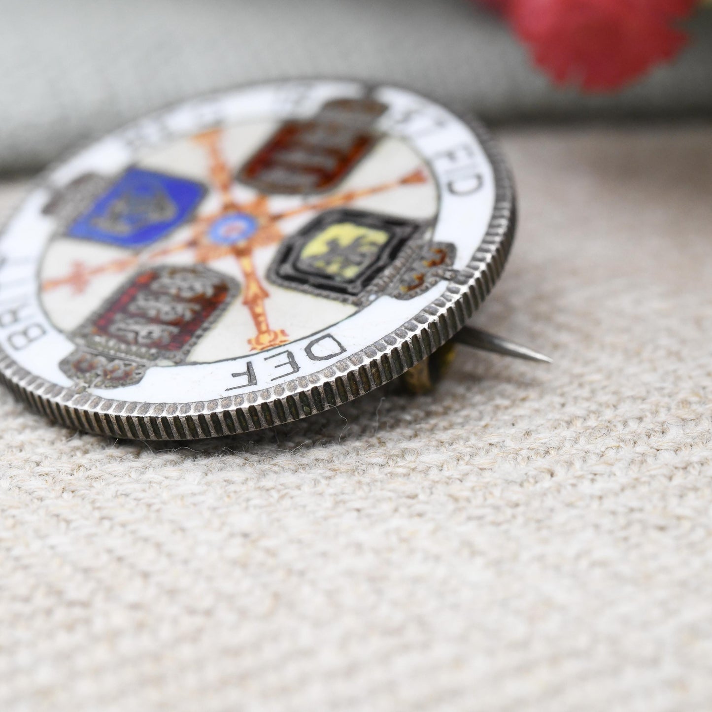 Antique Sterling Silver 1887 Victoria One Florin Coin Brooch Two Shillings - Colourful Enamel Coin Jewellery | Painted Sceptre Shield Design