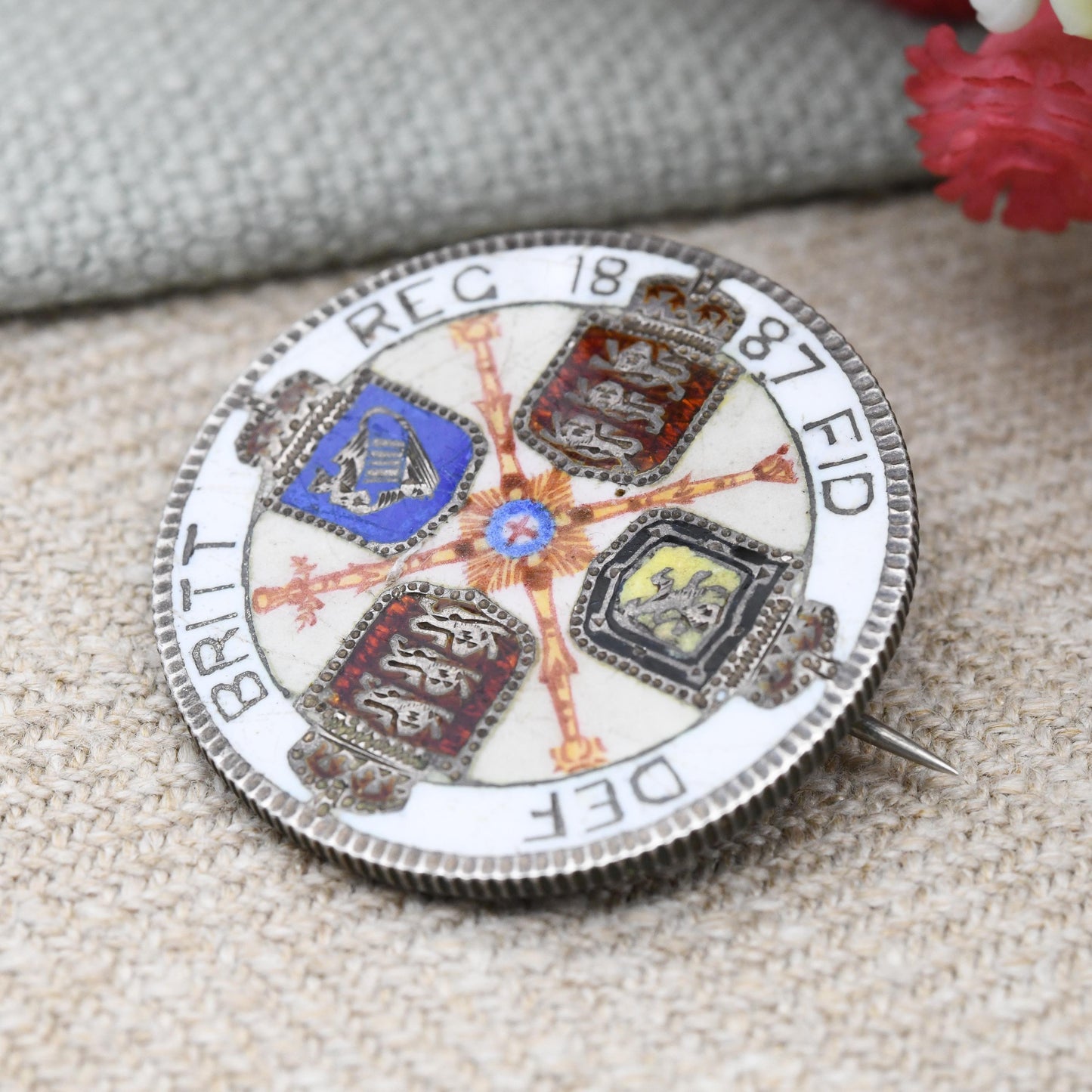 Antique Sterling Silver 1887 Victoria One Florin Coin Brooch Two Shillings - Colourful Enamel Coin Jewellery | Painted Sceptre Shield Design